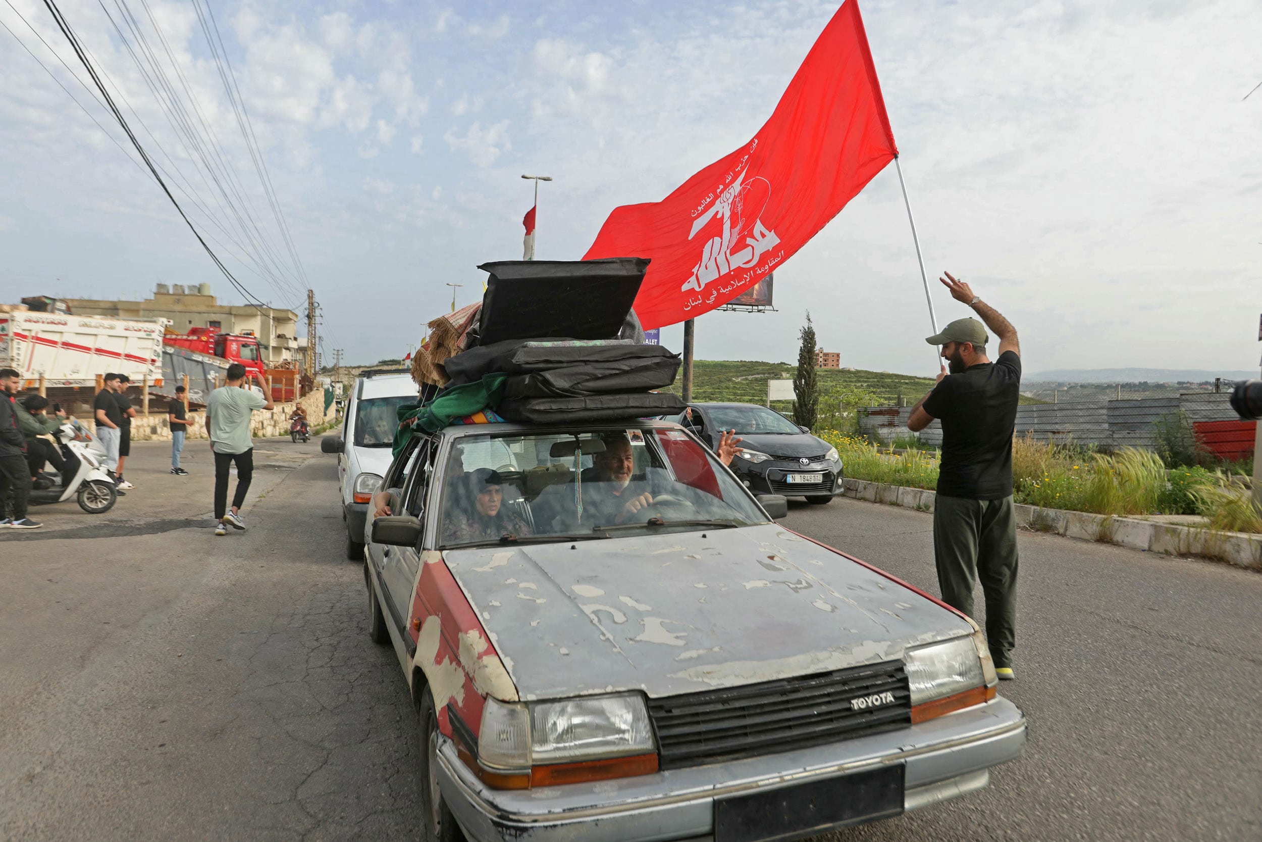 Displaced residents travel back to the southern Lebanese town of Marwanieh on April 17, 2026. 