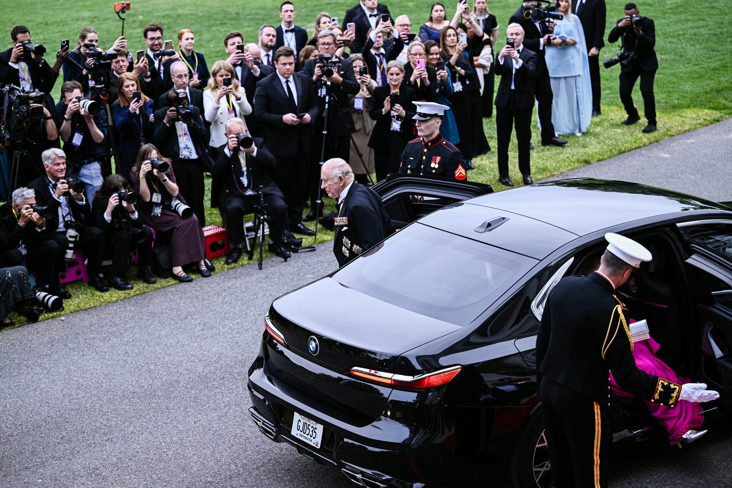 Britain's King Charles III and Queen Camilla arrive for a State Dinner 