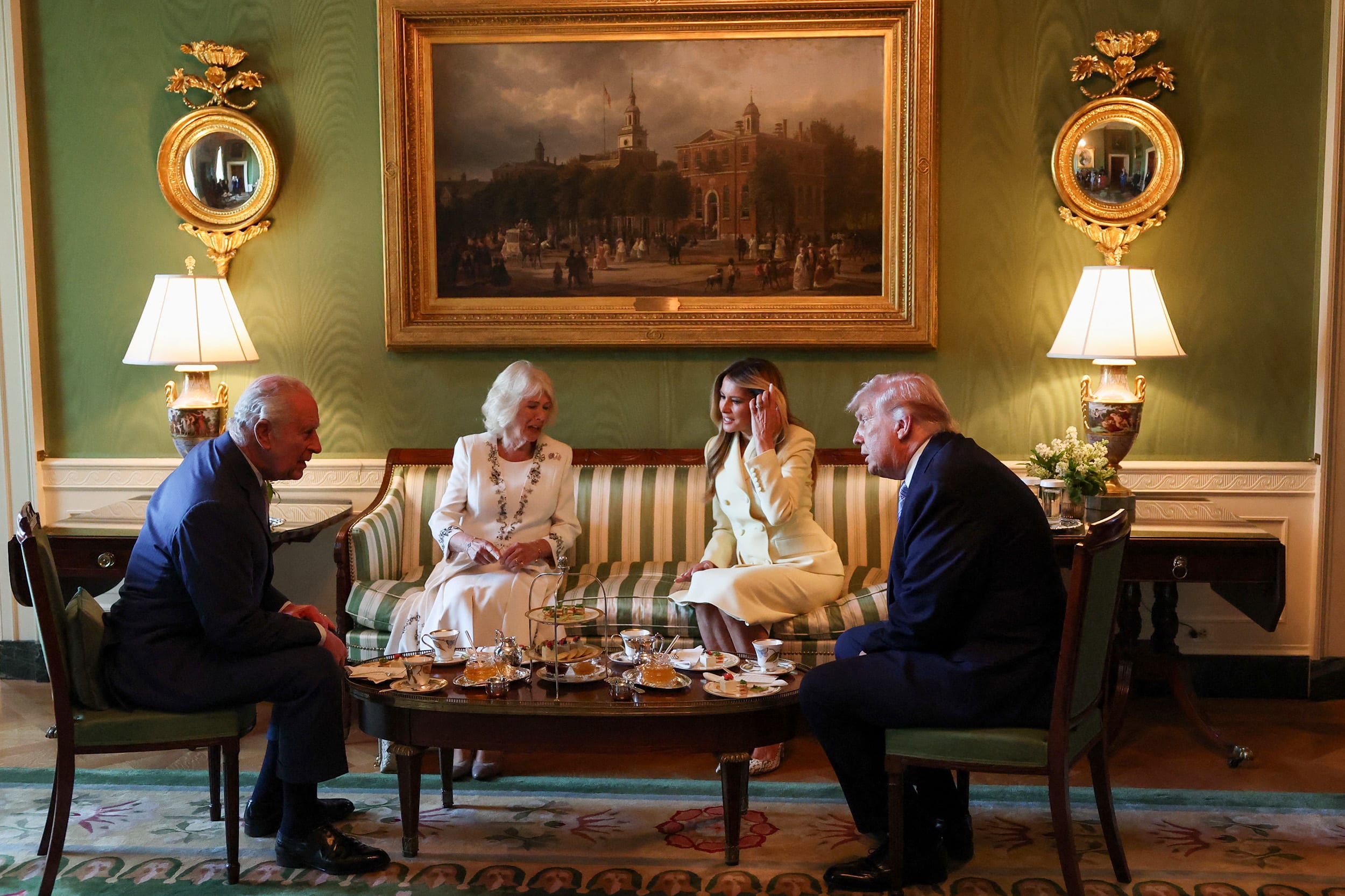 U.S. President Donald Trump and first lady Melania Trump host Britain's King Charles and Queen Camilla for afternoon tea.