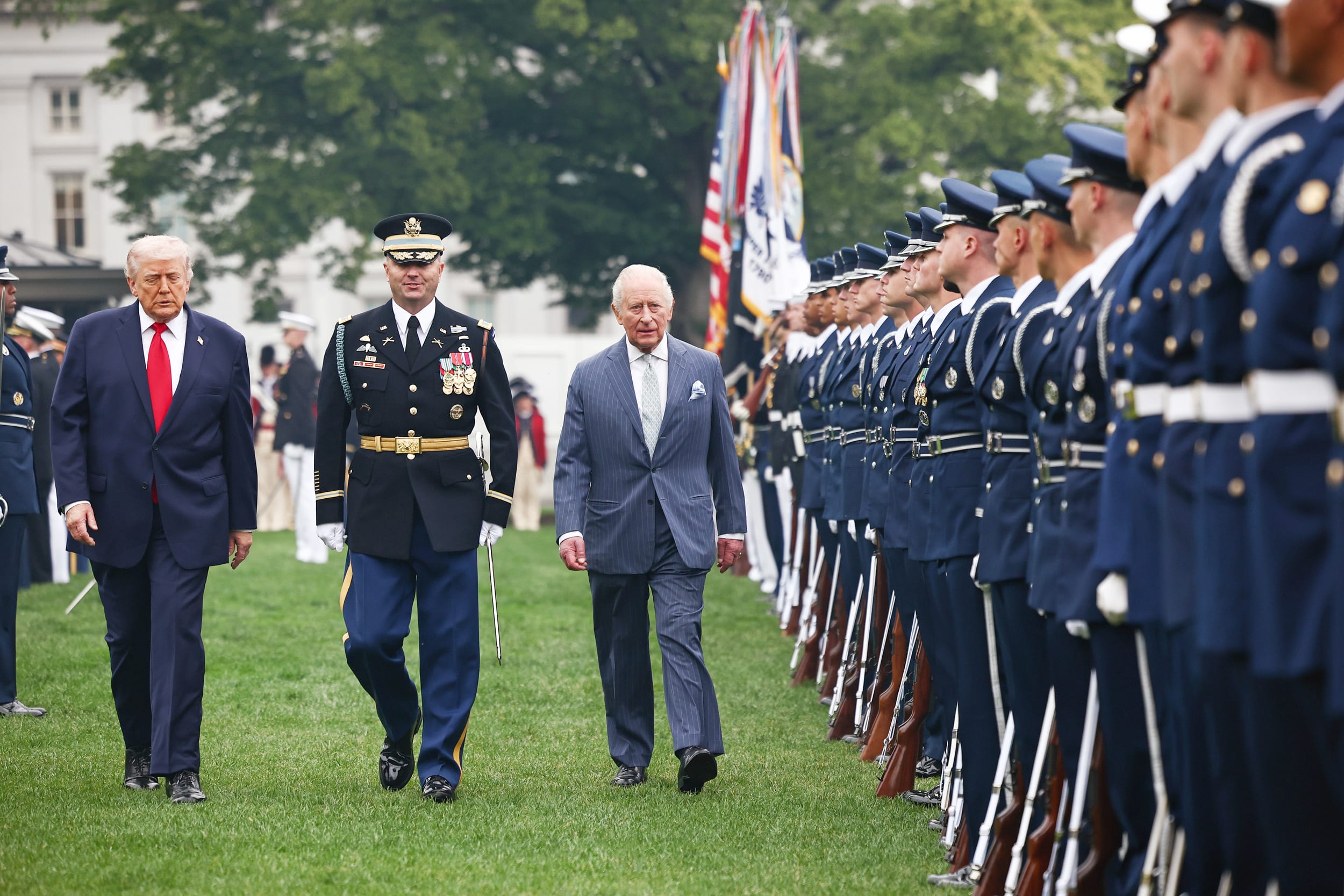 President Donald Trump and King Charles III review the troops during an arrival ceremony on the South Lawn of the White House on April 28, 2026.
