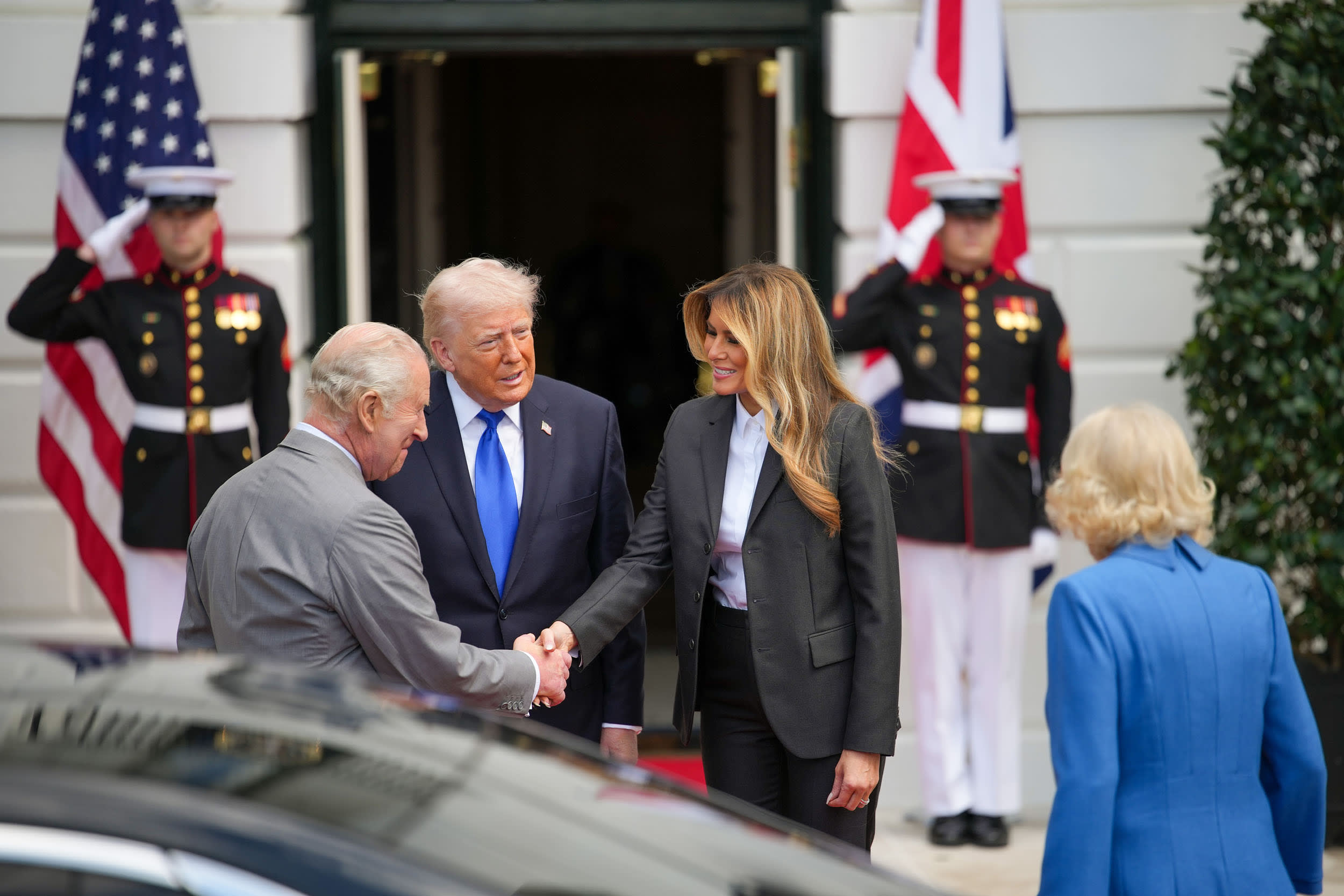 President Donald Trump and first lady Melania Trump greet King Charles III and Queen Camilla
