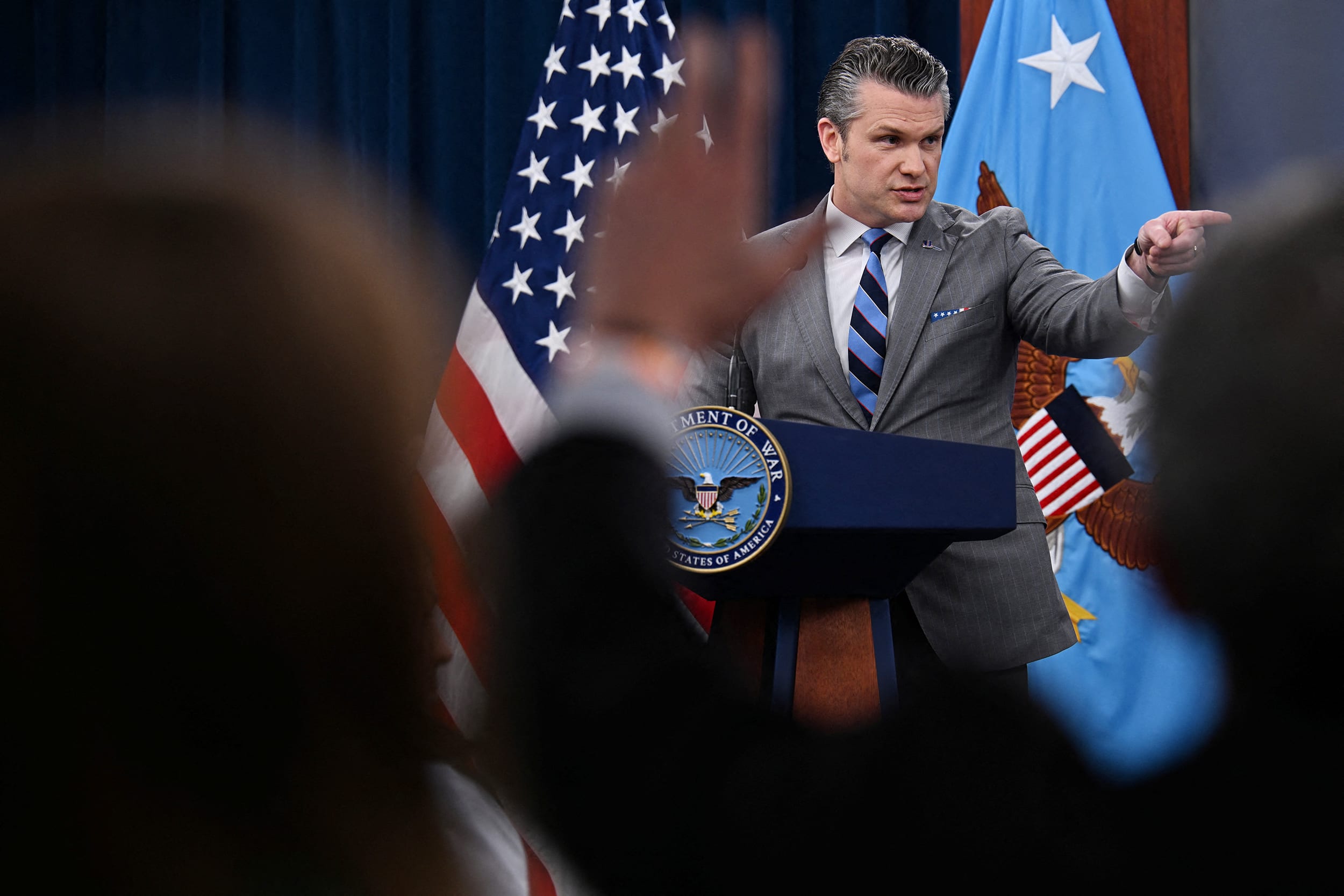Defense Secretary Pete Hegseth during a press briefing at the Pentagon in Arlington, Va., on April 24, 2026.