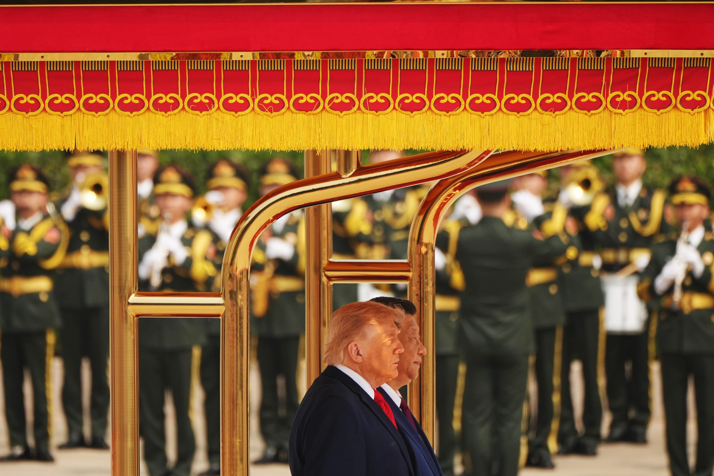 President Donald Trump participates in a welcome ceremony with China's President Xi Jinping at the Great Hall of the People, Thursday, May 14, 2026, in Beijing. 