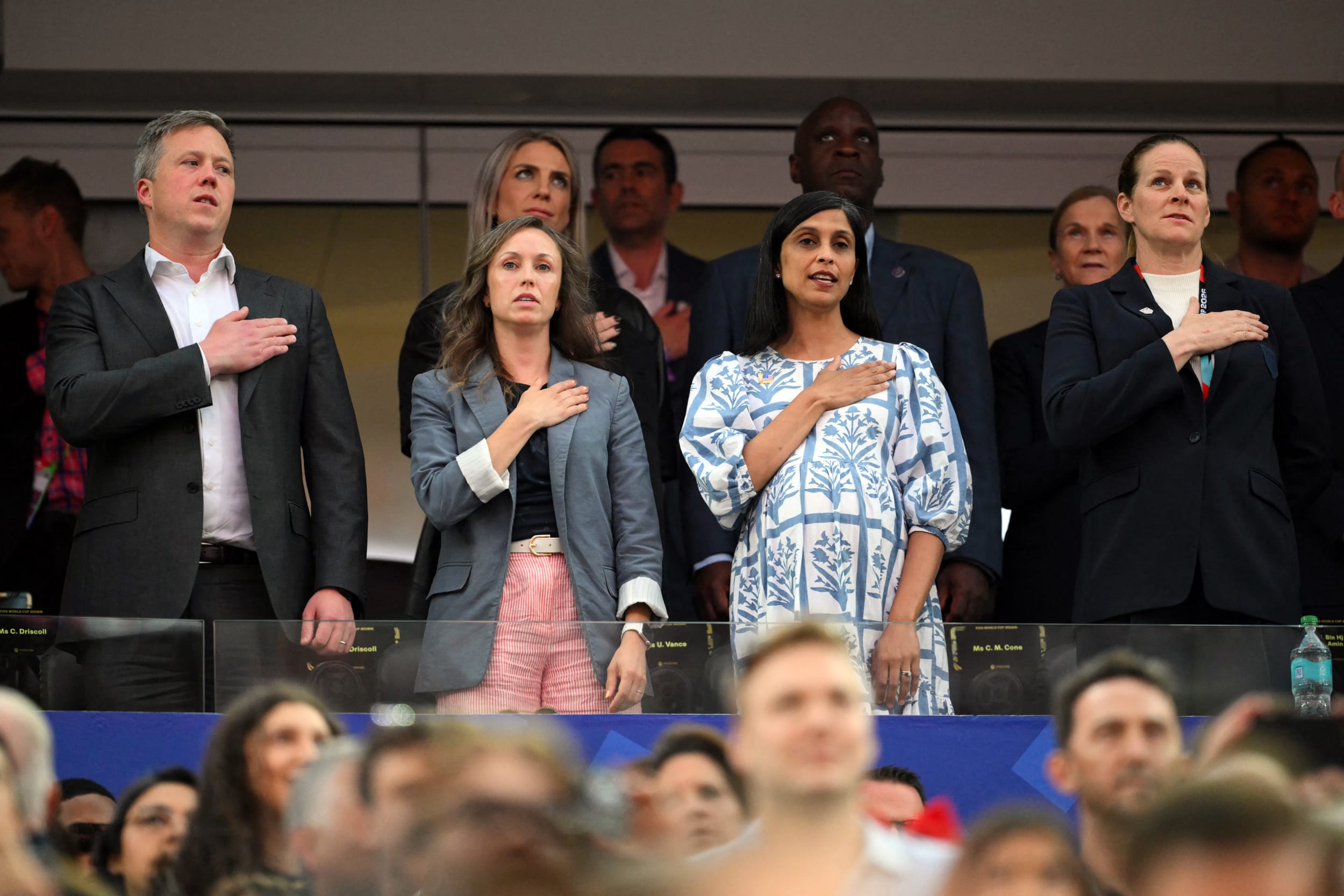 US Second Lady Usha Vance (C) sings the anthem during the 2026 World Cup Group D football match between Turkey and USA .