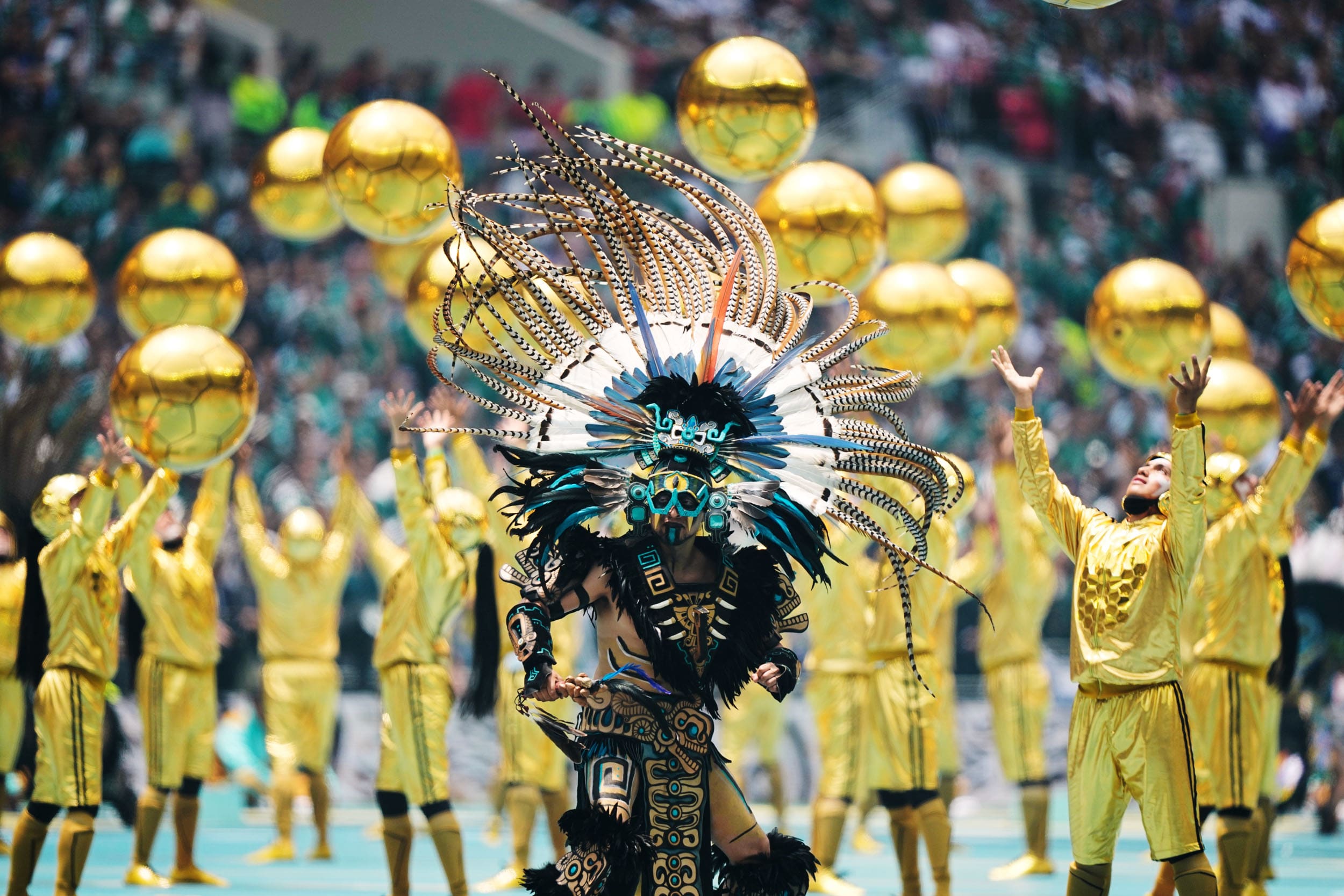 Performers on the pitch during the opening ceremony of the World Cup in Mexico City, Thursday, June 11, 2026.