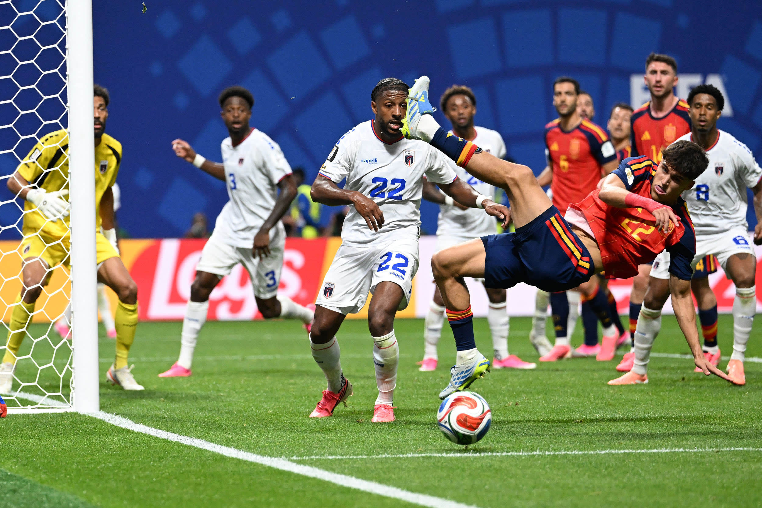 Spain's defender Pau Cubarsi misses the ball during the 2026 World Cup Group H football match between Spain and Cape Verde at the Atlanta Stadium in Atlanta on June 15, 2026. 