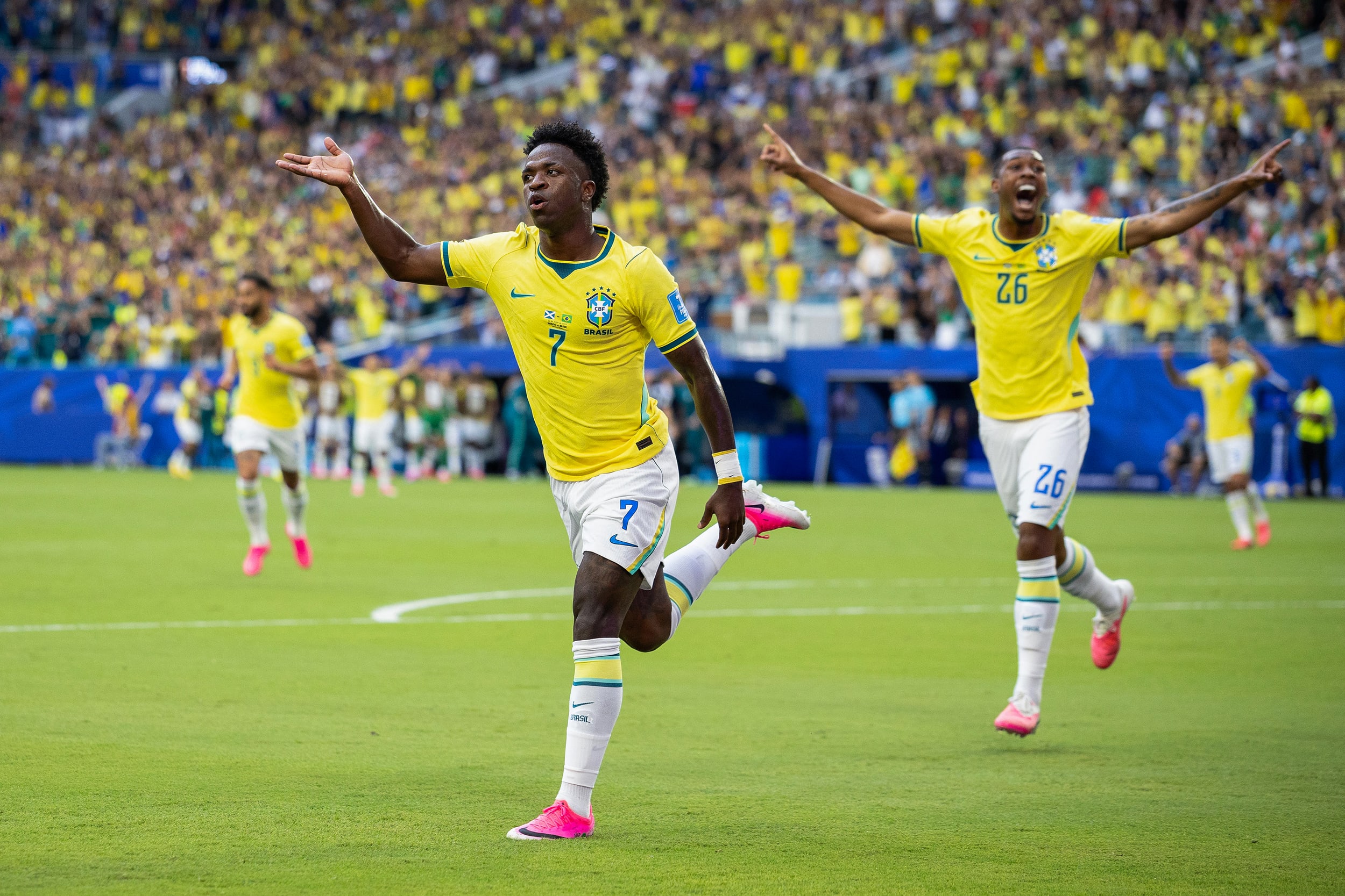 Vinicius Junior of Brazil celebrates his goal during the Scotland v Brazil match.