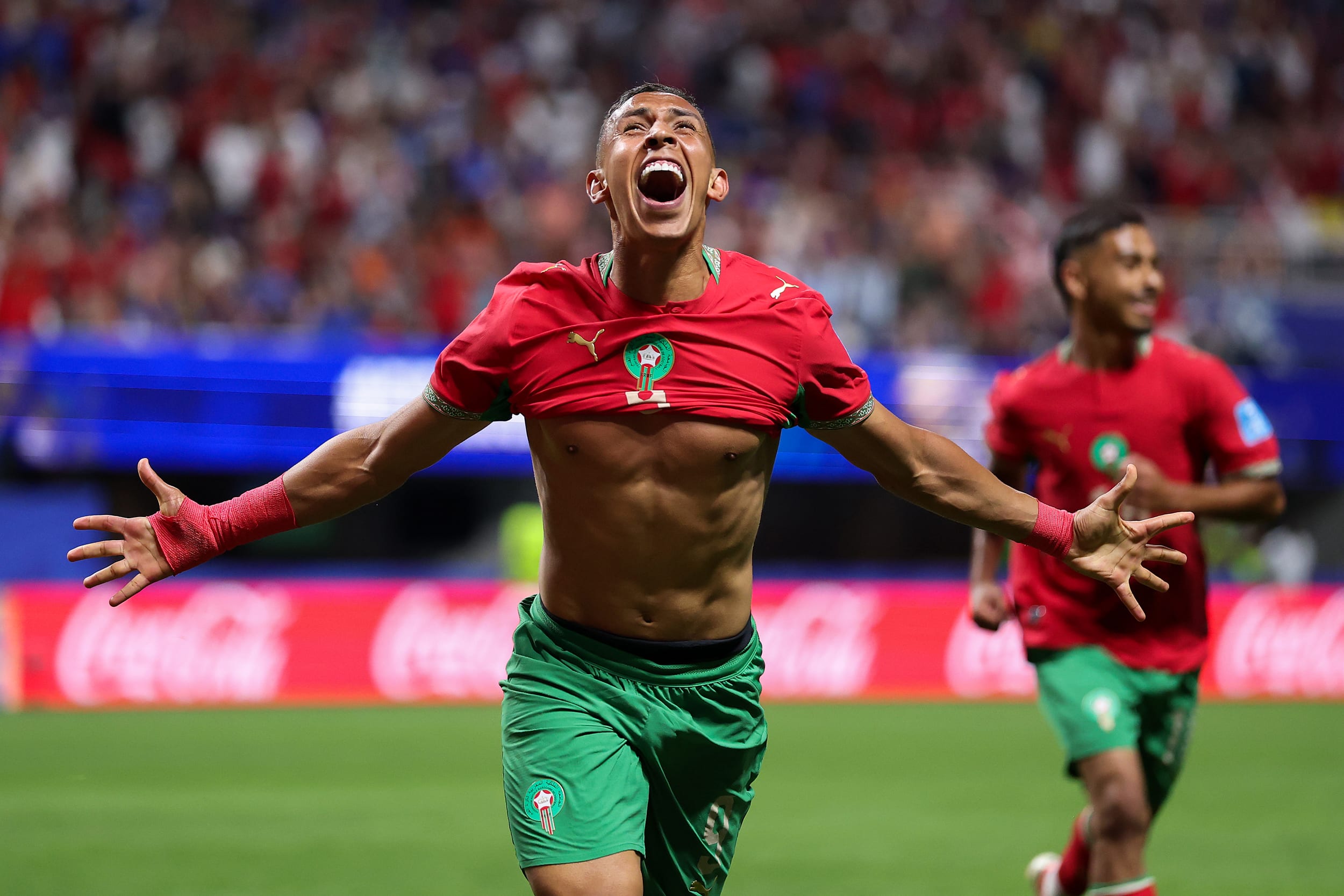 Soufiane Rahimi #9 of Morocco celebrates scoring his team's third goal.