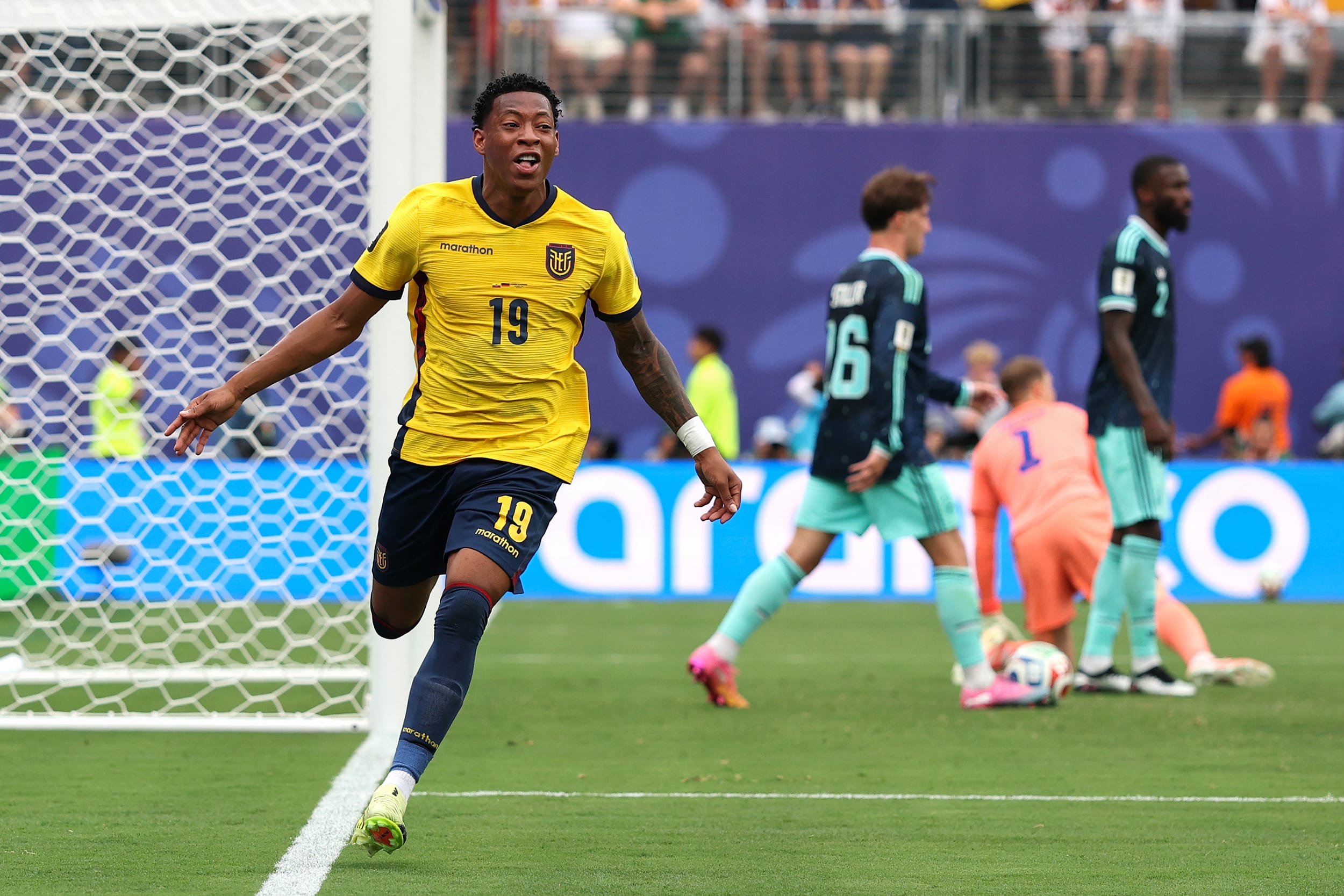 Gonzalo Plata #19 of Ecuador celebrates scoring his team's second goal during Ecuador v Germany.