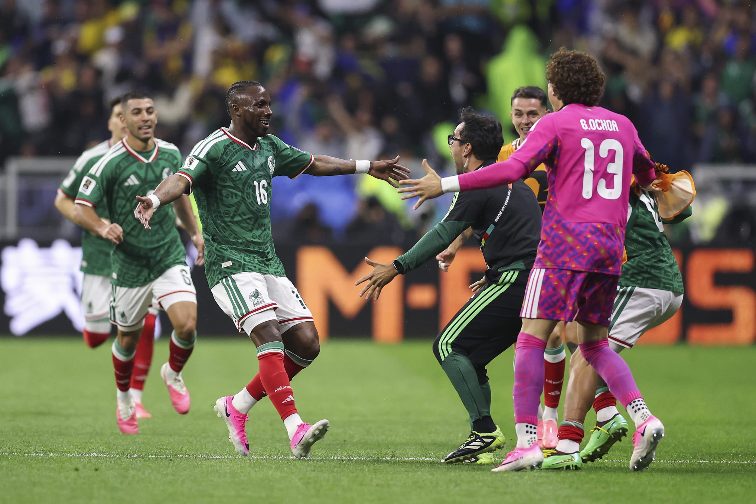Julian Quiñones #16 of Mexico celebrates scoring his team's first goal.