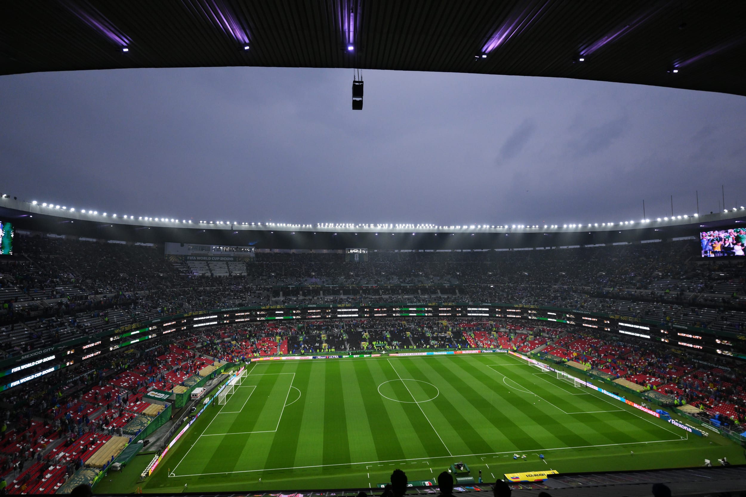 General view inside the stadium as rain falls before the FIFA World Cup 2026 Round Of 32 match between Mexico and Ecuador.