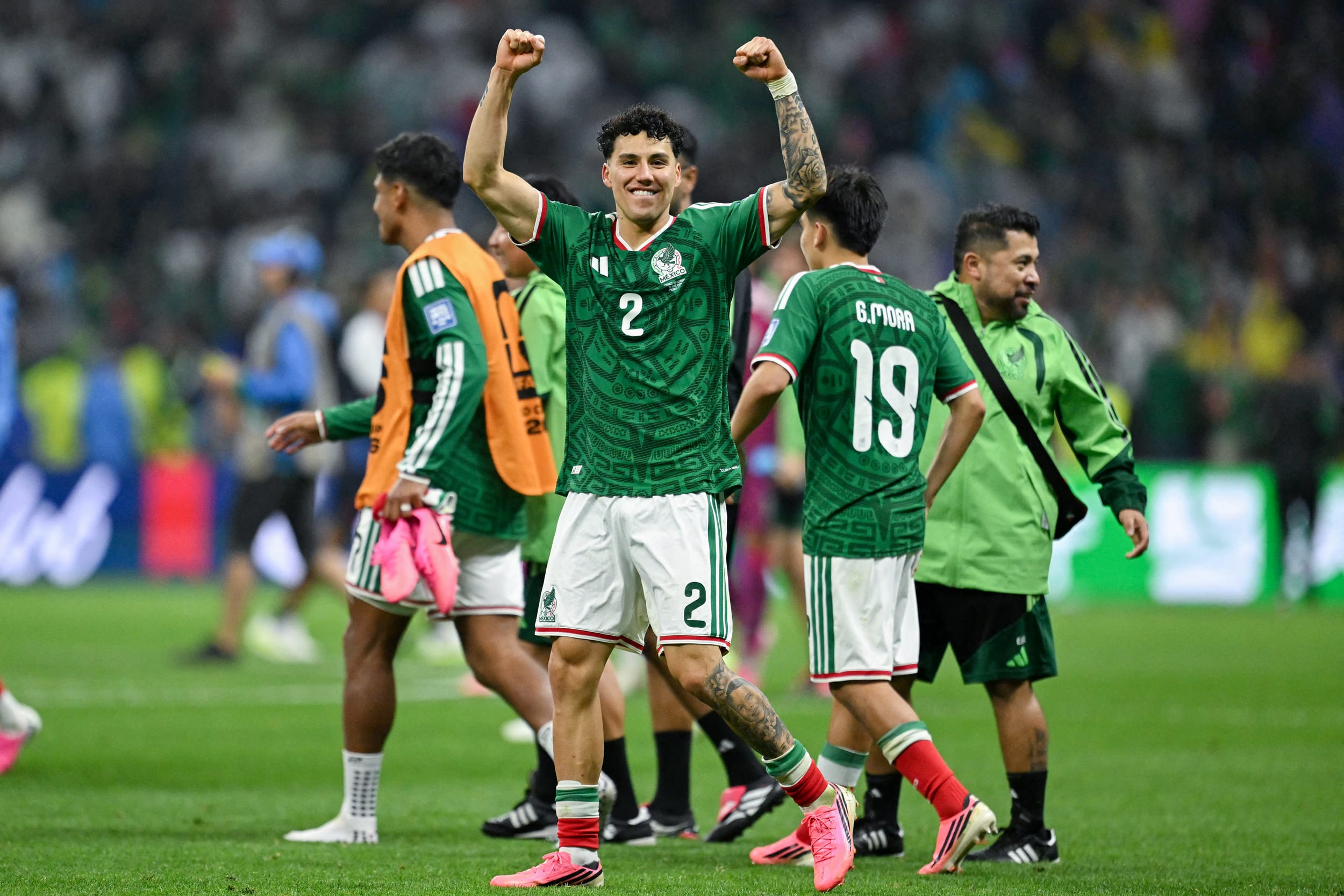 Mexico's defender #02 Jorge Sanchez celebrates after winning the 2026 World Cup round of 32 football match between Mexico and Ecuador