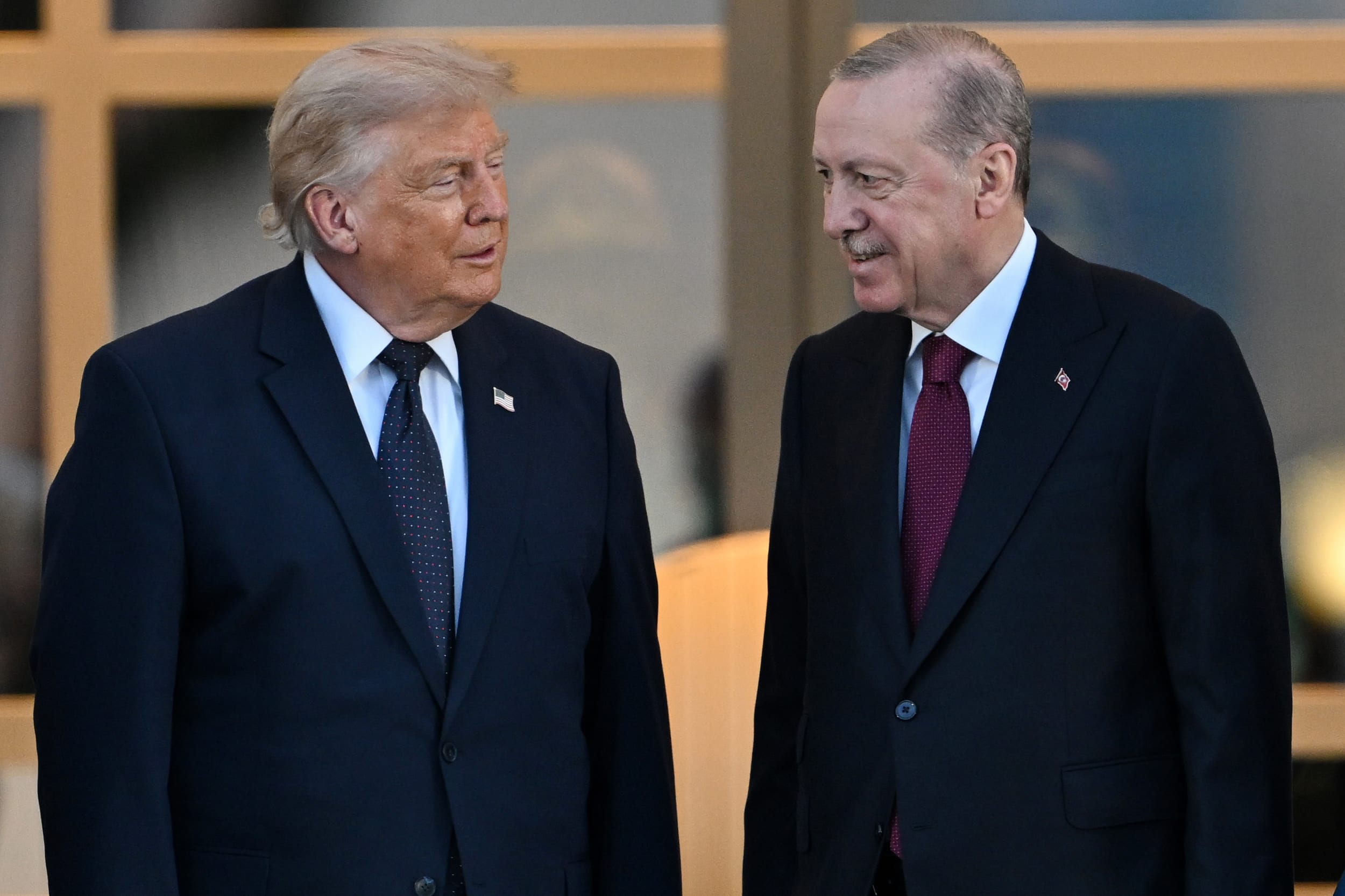Turkish President Recep Tayyip Erdogan welcomes U.S President Donald Trump during the NATO summit in Ankara.