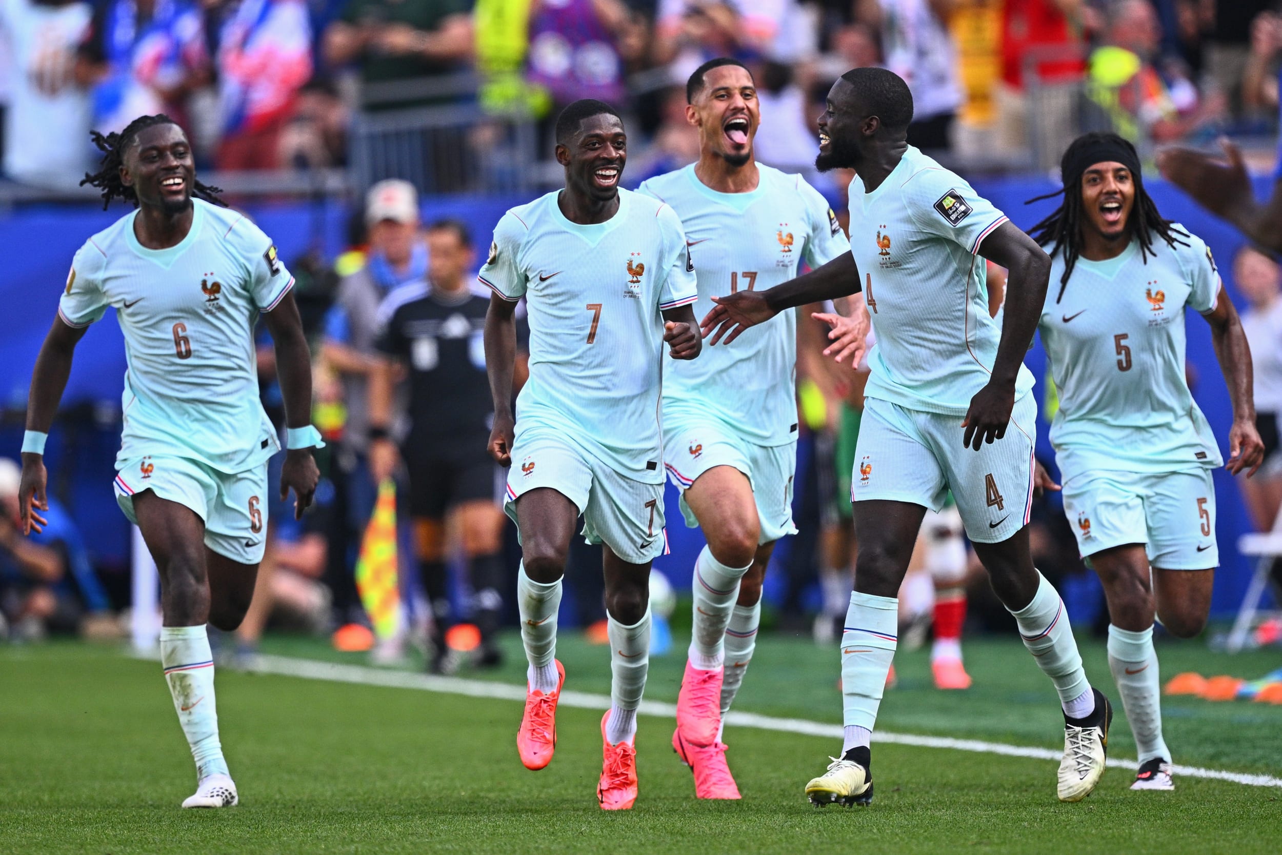France's team celebrate after defeating Morocco during the 2026 World Cup, France vs. Morocco, Knockout Stage.