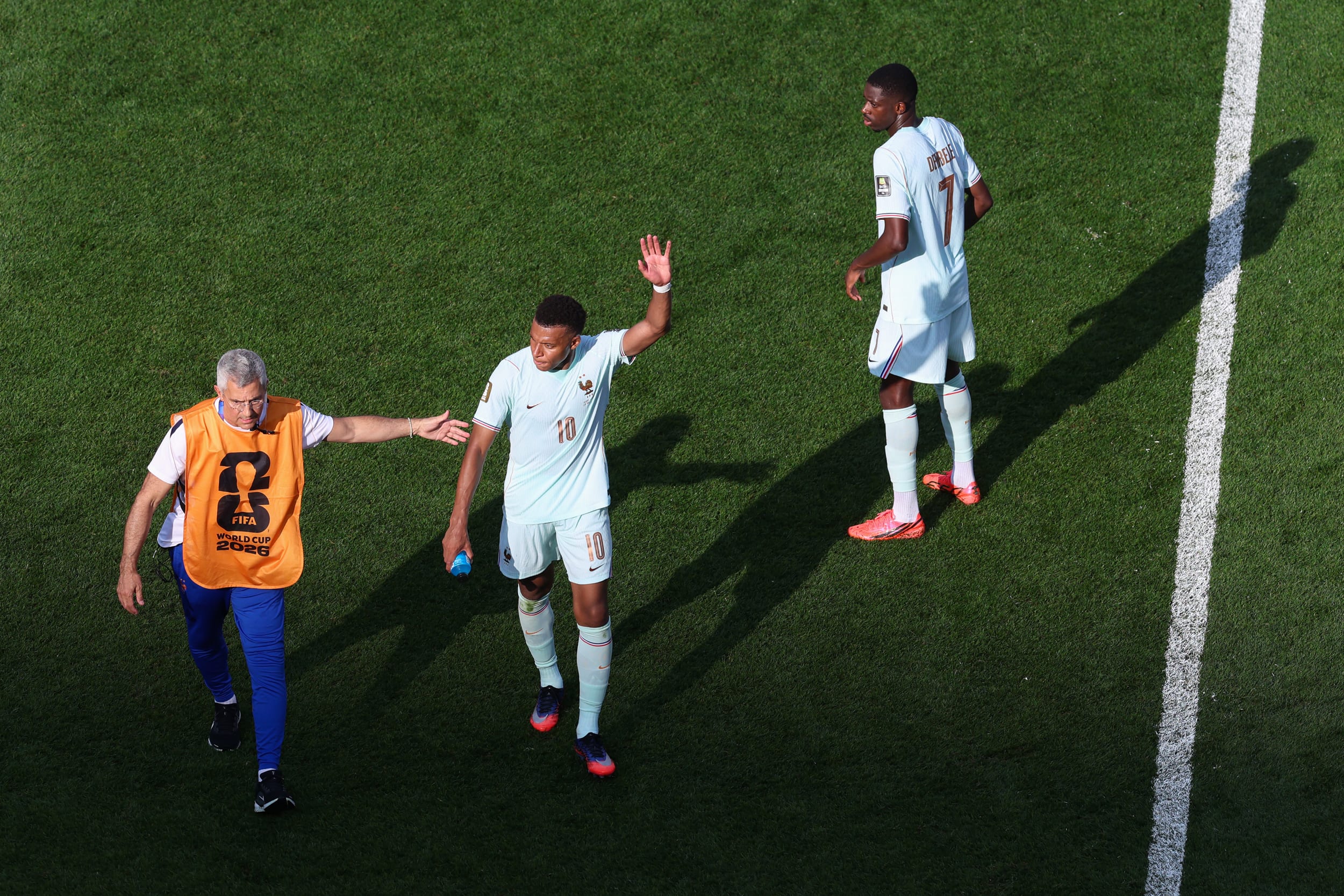 Kylian Mbappe of France acknowledges the fans as he is substituted during the FIFA World Cup 2026 Quarter Final match between France and Morocco.