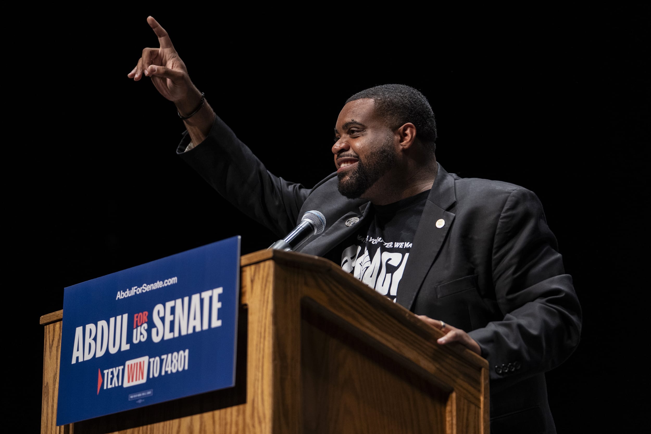Michigan Democratic candidate for Congress Donavan McKinney speaks at a rally in Michigan.