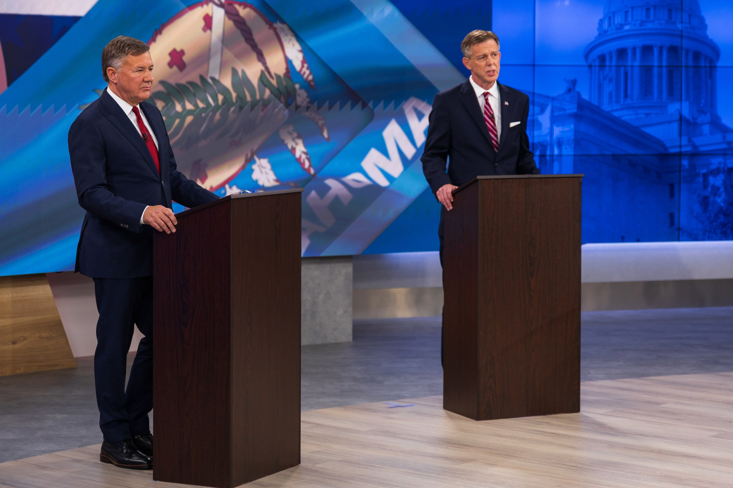 Oklahoma Republican gubernatorial candidates Gentner Drummond, left, and Mike Mazzei .