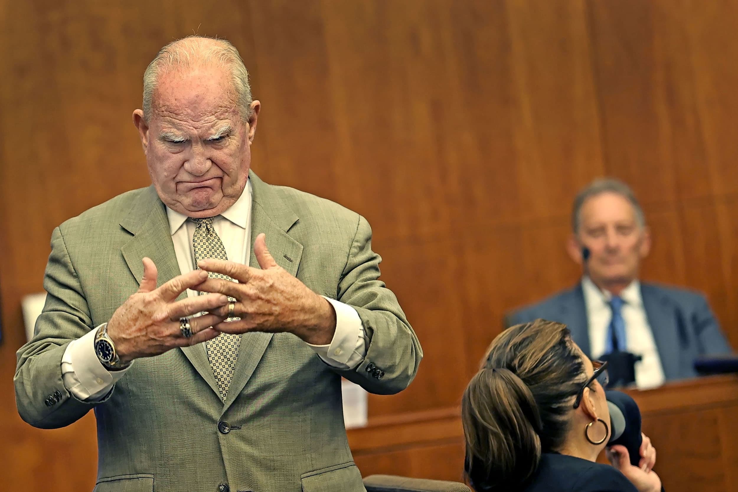 Defense attorney Kevin Reddington expresses frustration during his cross examination of rebuttal witness Dr. Kirk Heilbrun on Tuesday, Aug. 25, 2026.