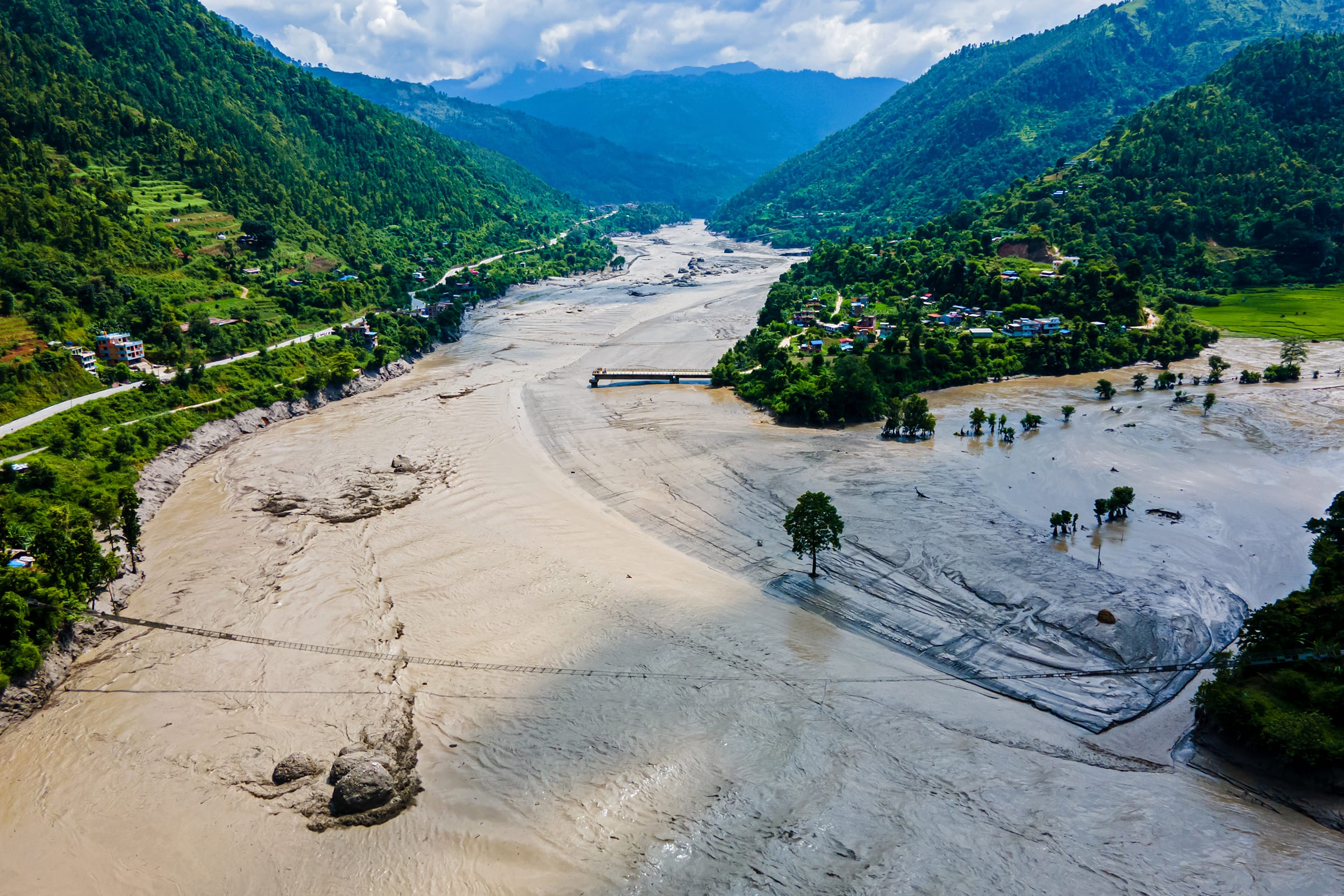 Aerial View Shows Extensive Damage After Flash Flood Sweeps Through The Bhotekoshi River In Nuwakot