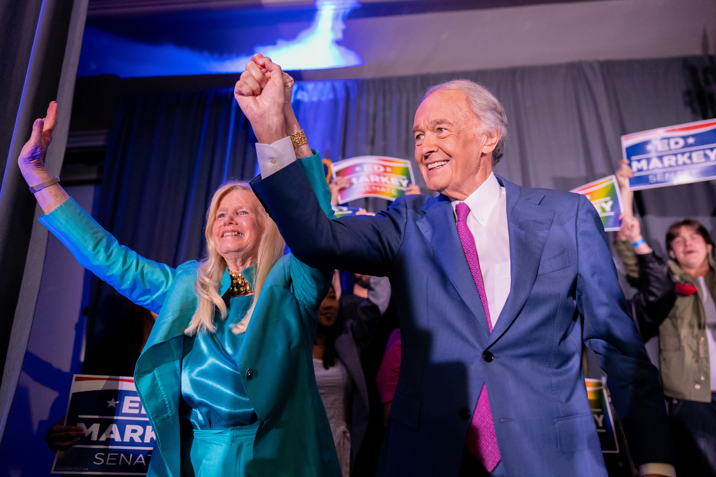 Senator Ed Markey, a Democrat from Massachusetts, and his wife Susan Blumenthal during a primary election night watch party at the Omni Parker House in Boston on Tuesday, Sept. 1, 2026.