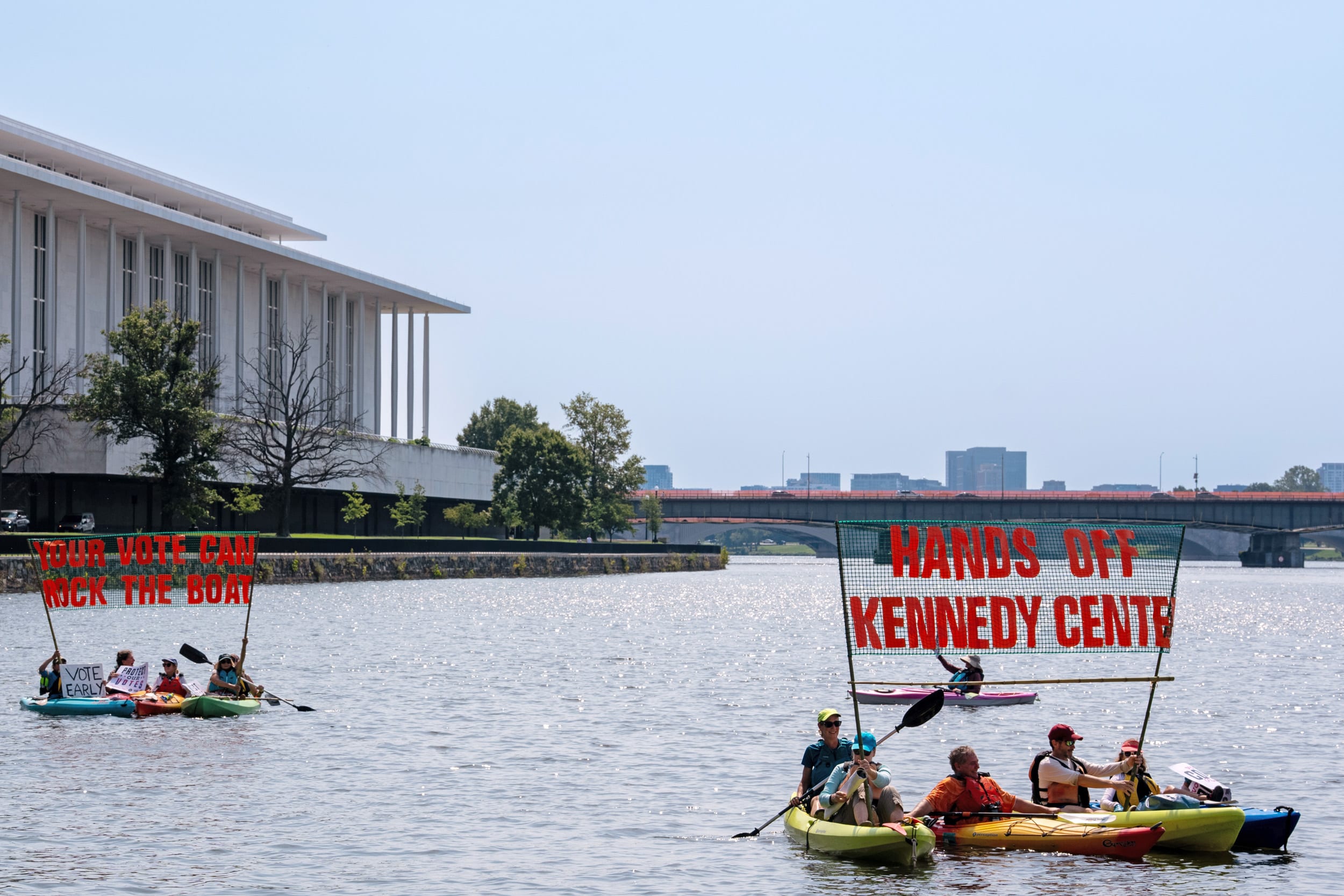 Activists In Kayaks Protest Against Trump Administration's Handling Of The Kennedy Center