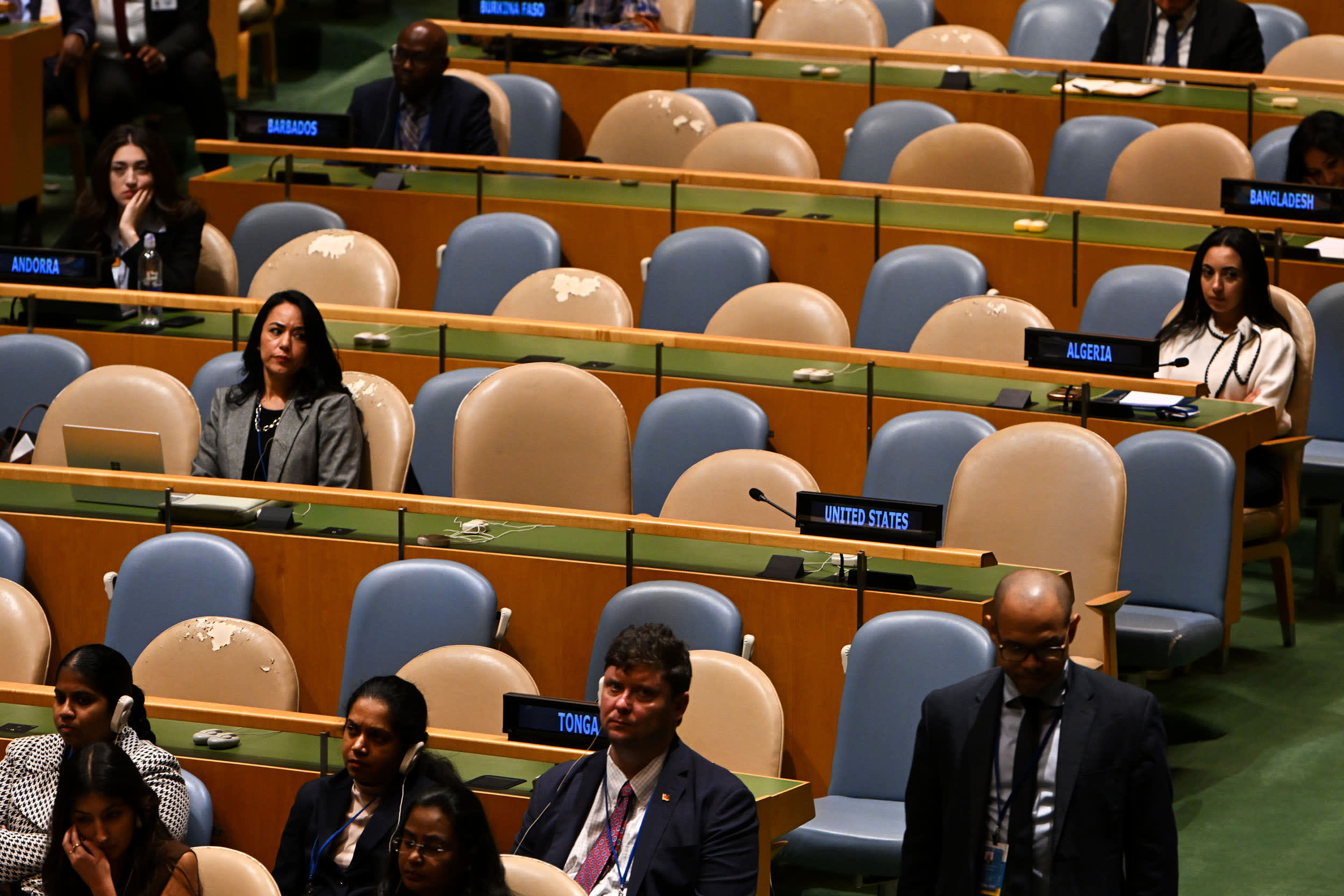 Seats for the United States delegation are empty as President of Iran Masoud Pezeshkian addresses the United Nations General Assembly on Sept. 23, 2026.
