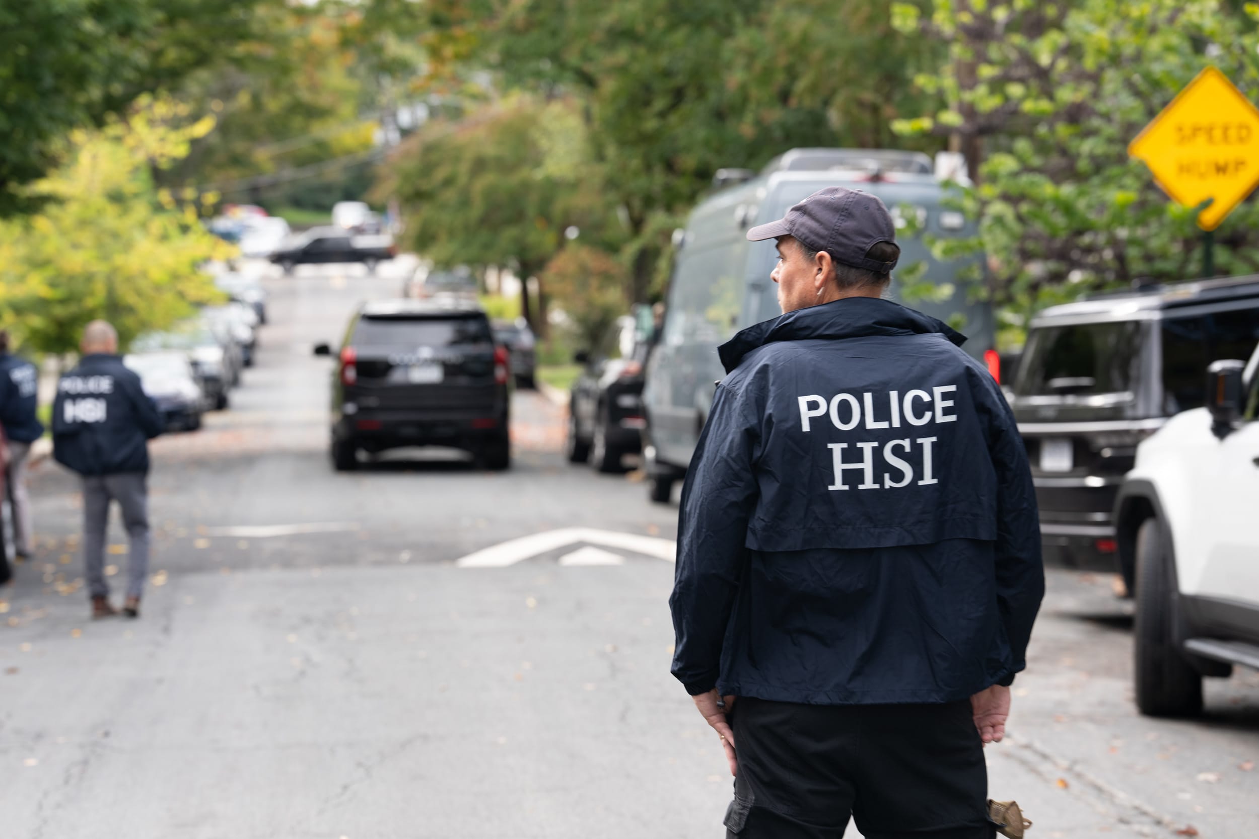 Homeland Security Investigations police search the home of Rep. Ilhan Omar, D-Minn., on Oct. 12, 2026 in Washington, D.C. 