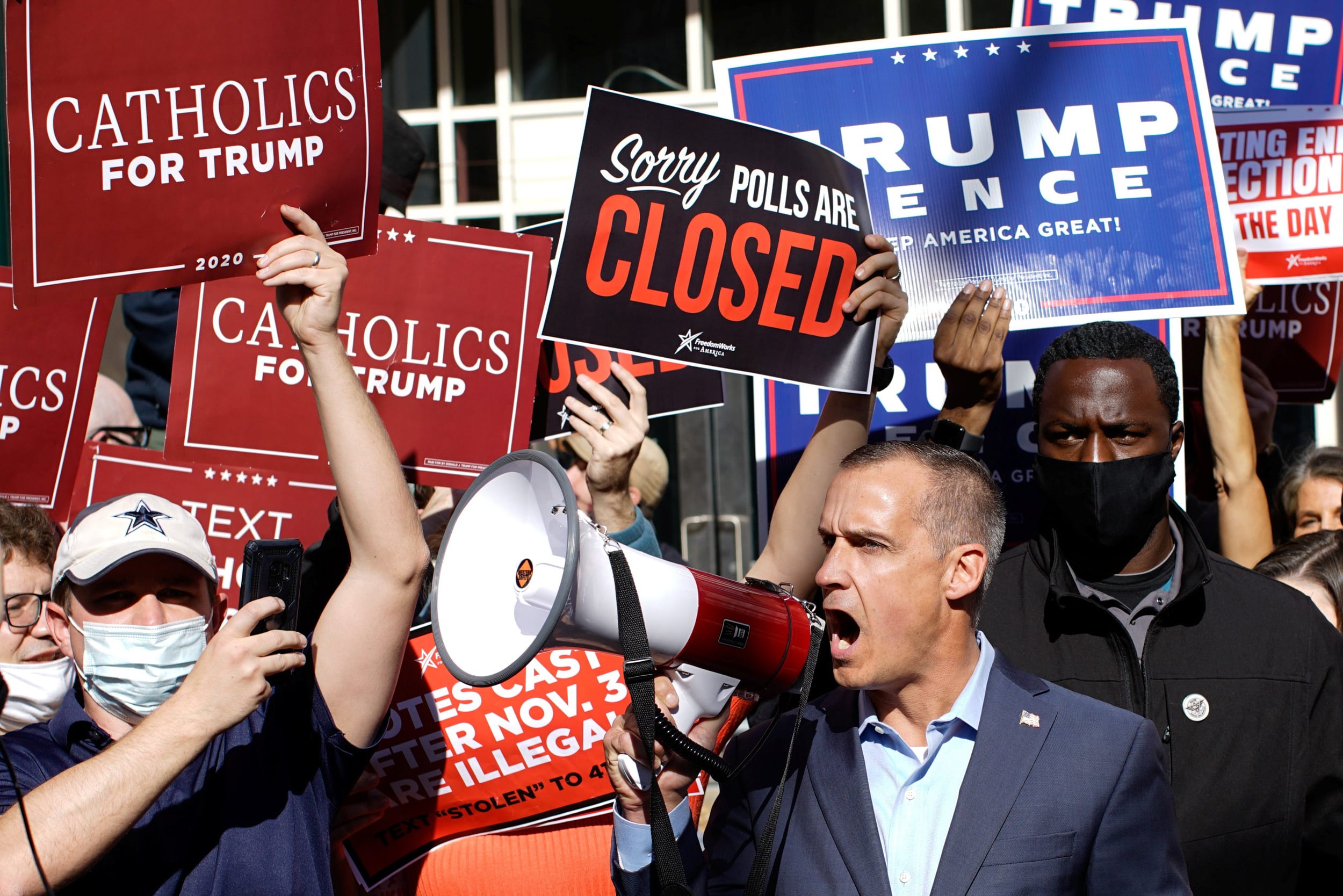 Image: Former campaiCoreygn senior adviser Of U.S. president Donald Trump, Corey Lewandowski uses a megaphone as supporters of U.S. president Donald Trump rally as votes continue to be counted following the 2020 U.S. presidential election, in Philadelphia
