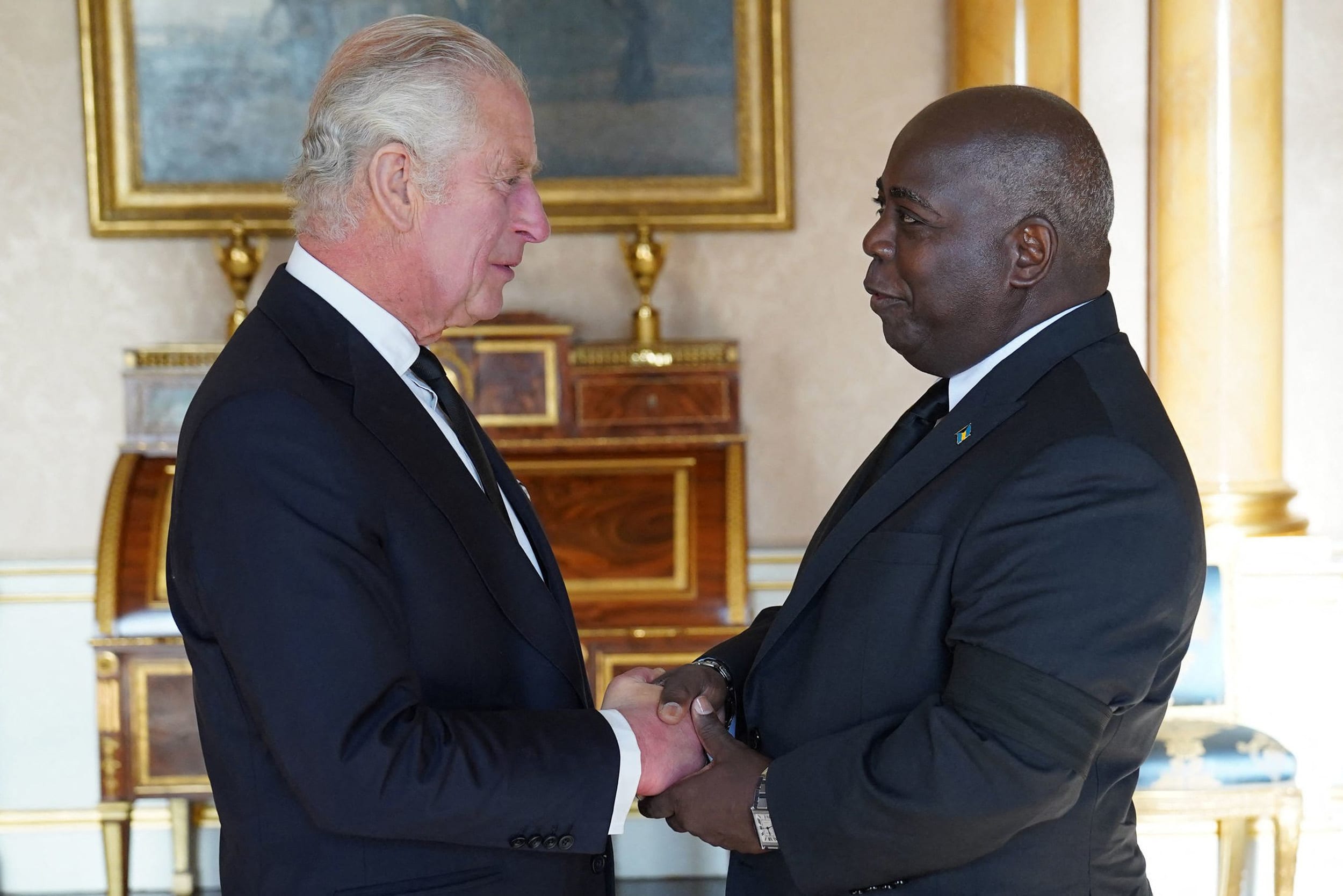 King Charles III speaks with Prime Minister of the Bahamas Philip Davis