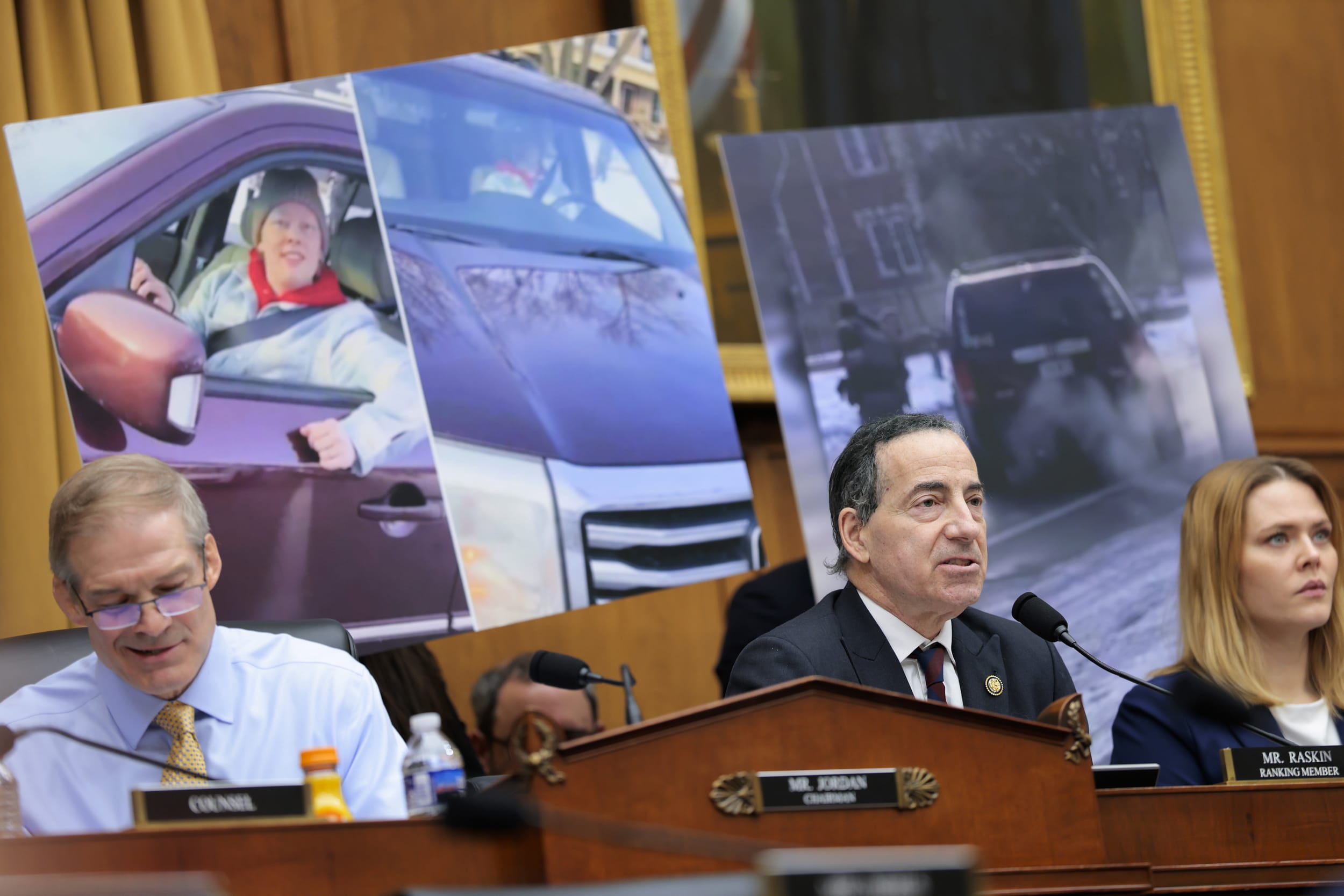 Rep. Jamie Raskin, D-Md., speaks in front of photos of Minnesota resident Renee Good, who was killed during a confrontation with ICE, as he speaks during a House Judiciary Committee hearing with U.S. Secretary of Homeland Security Kristi Noem in the Rayburn House Office Building on March , 2026.
