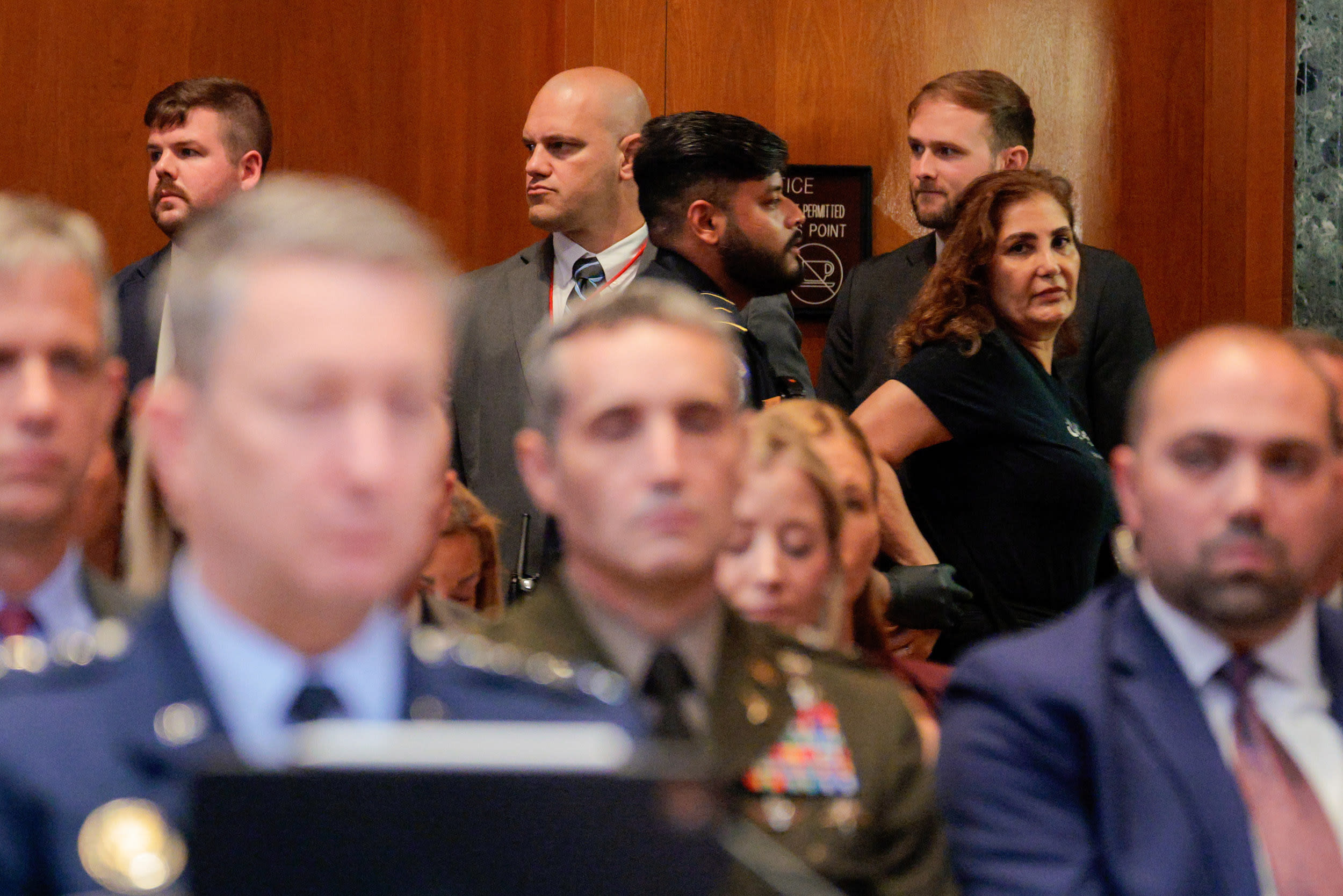 A protester is removed during a Senate Appropriations Committee hearing on May 12, 2026.