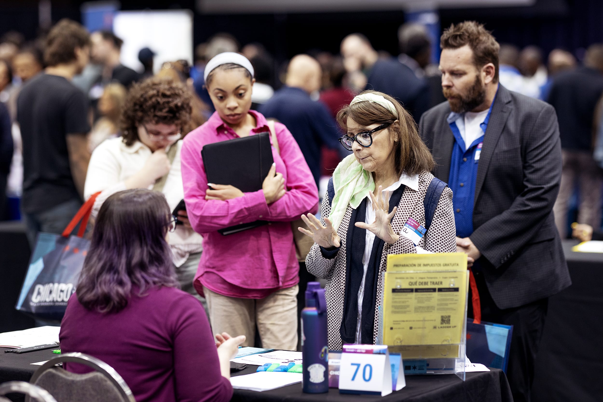 Job seekers attend a small business summit and job fair on May 12, 2026 in Chicago.