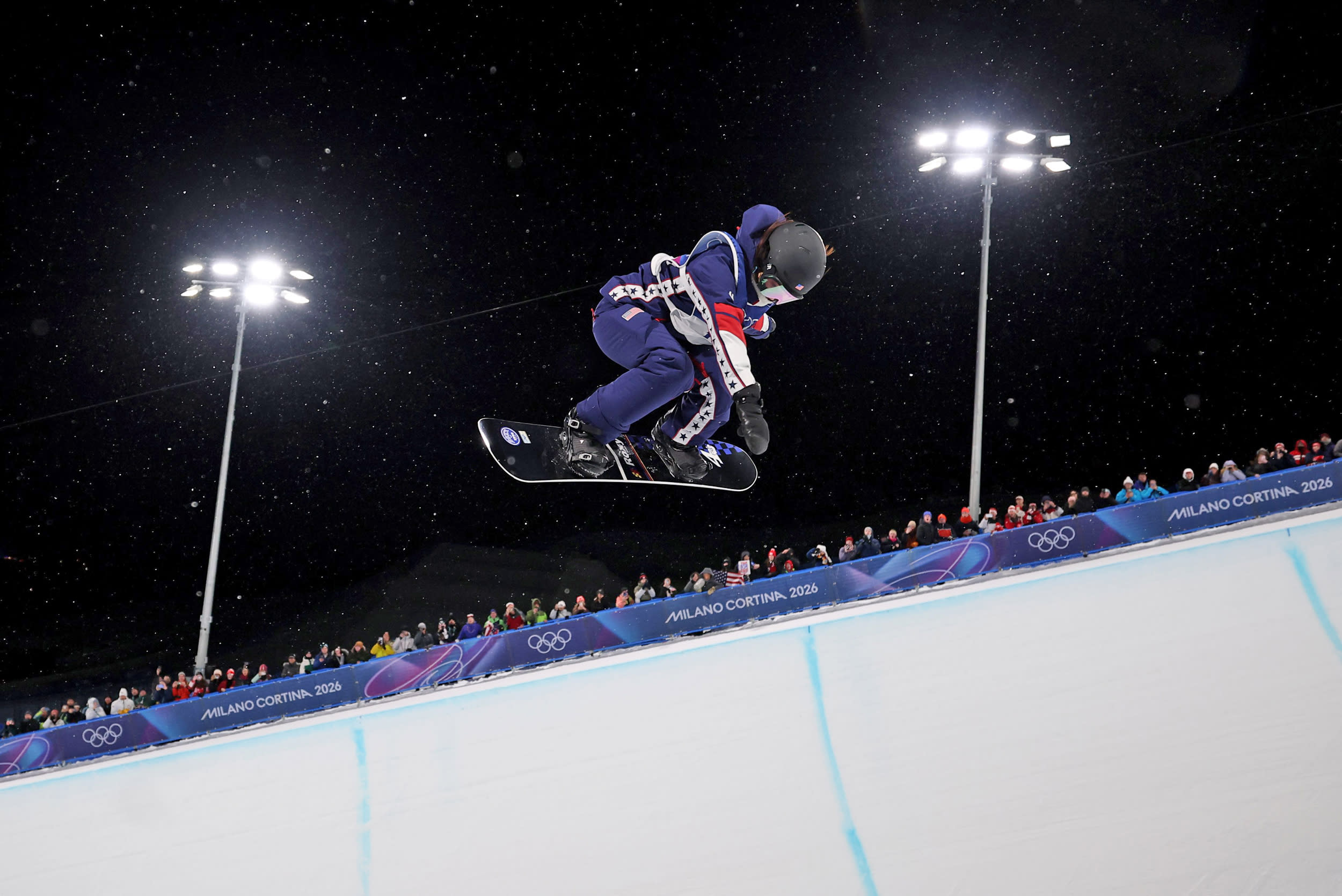 Chloe Kim of Team United States competes in run one of the Women’s Snowboard Halfpipe Final on day six of the Milano Cortina 2026 Winter Olympic games at Livigno Snow Park on February 12, 2026 in Livigno, Italy.