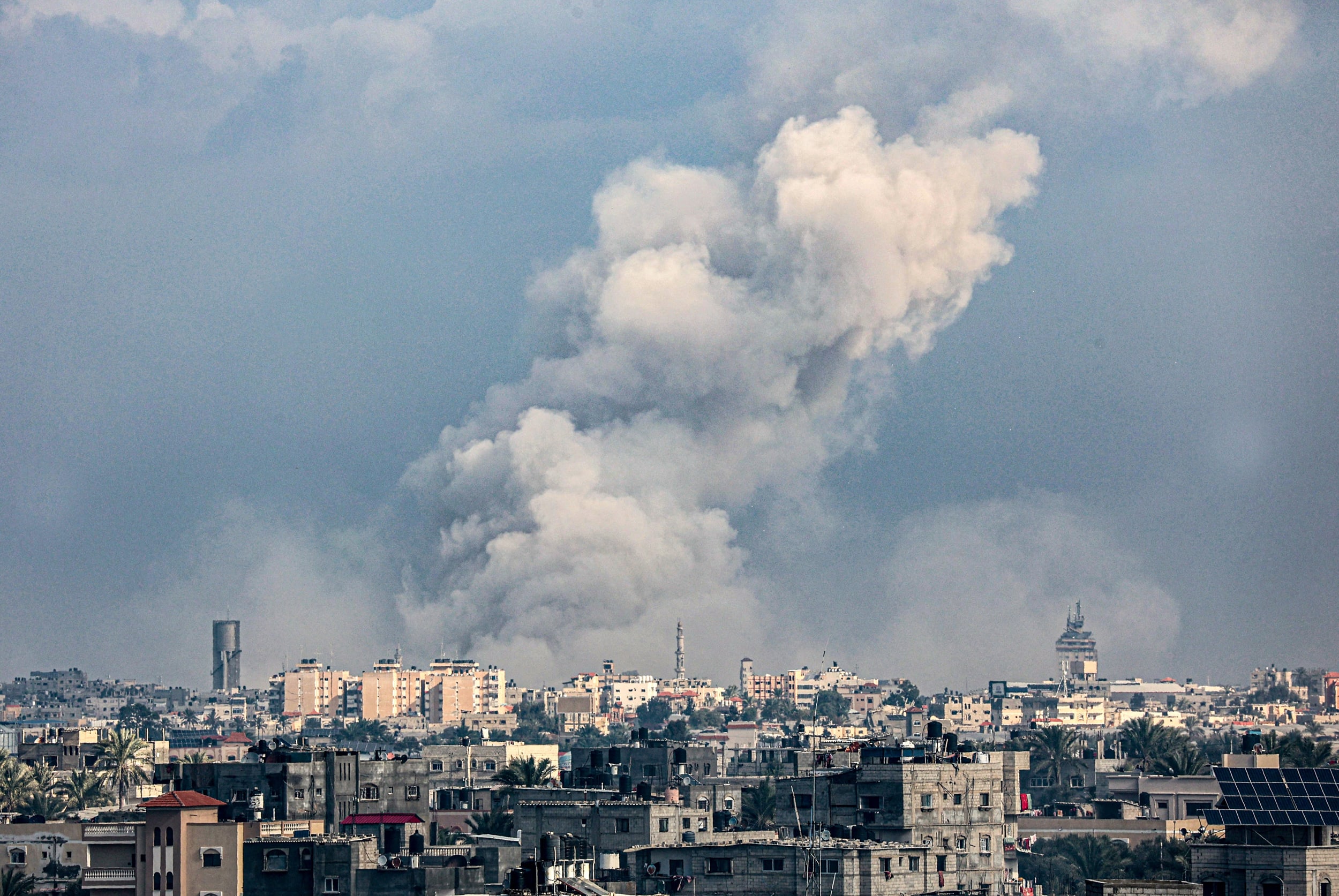 Smoke billowing over Khan Yunis in the southern Gaza Strip during Israeli bombardment