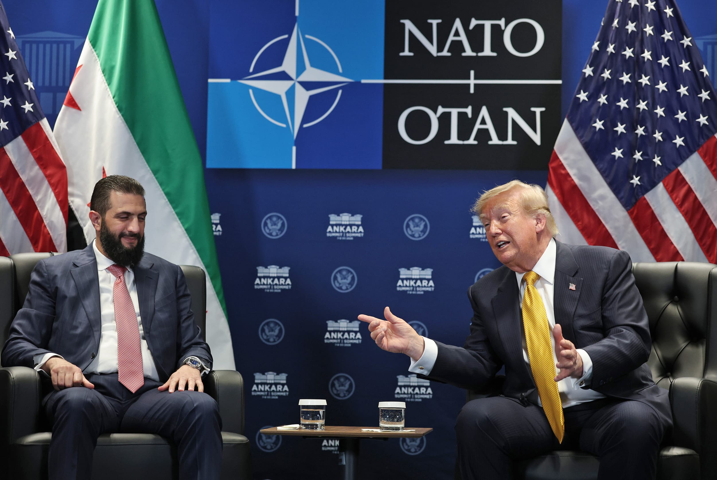 President Donald Trump meets with Syrian President Ahmed al-Sharaa during the NATO Summit on July 8, 2026 in Ankara, Turkey.