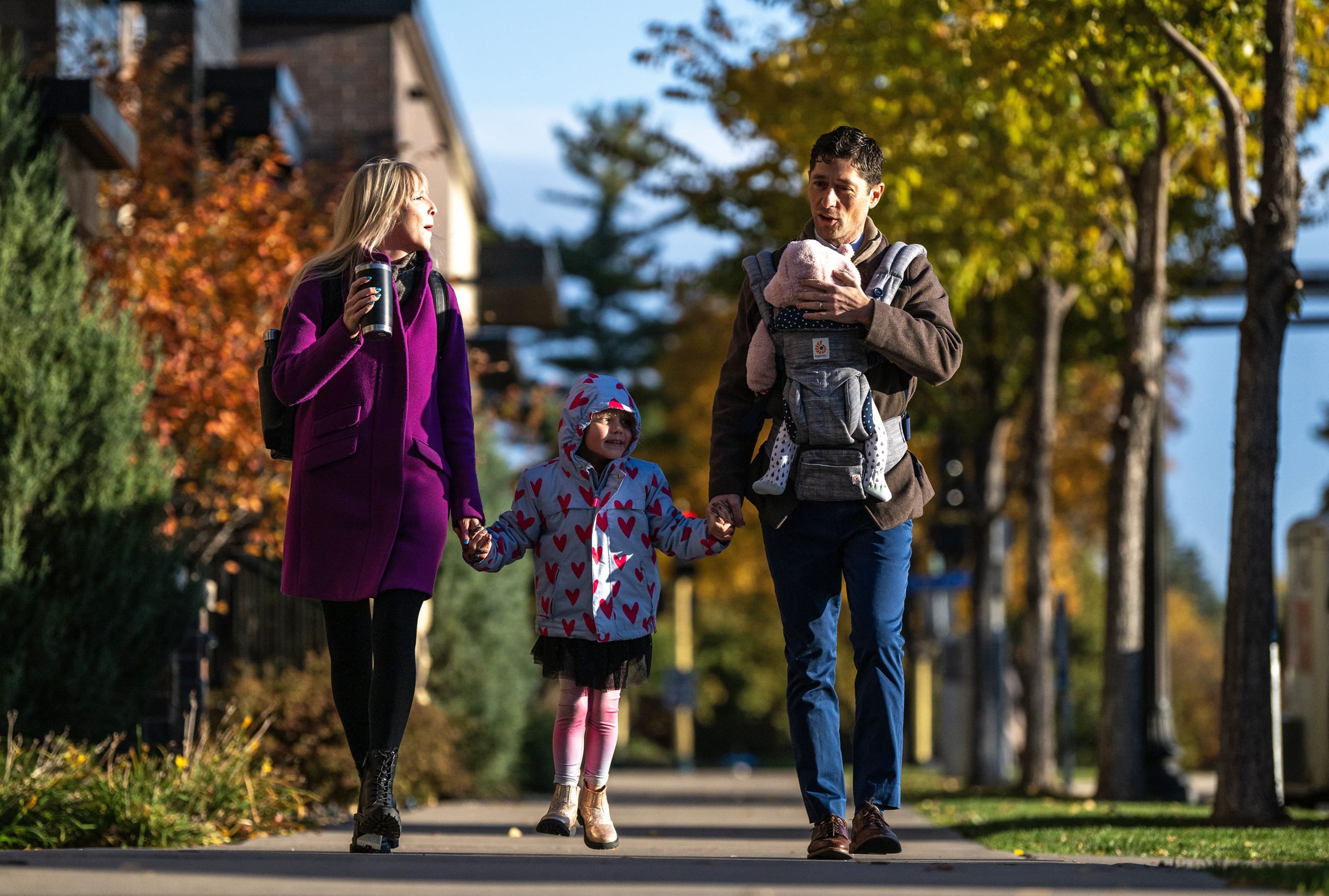 Minneapolis Mayor Jacob Frey arrives to vote with his wife, Sarah Clarke, and children, Freida and Estelle, on Nov. 4, 2025 in Minneapolis. Frey is opposed by three other Democrats as he seeks his third term.