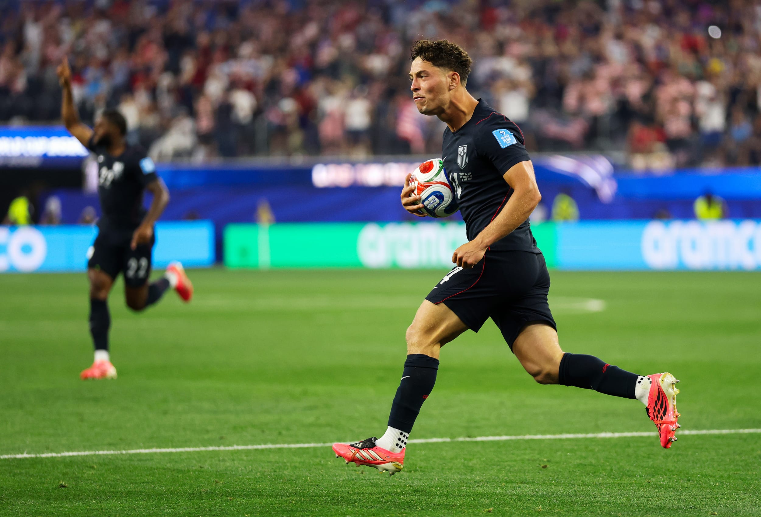 Sebastian Berhalter #14 of the United States celebrates scoring his team's second goal.