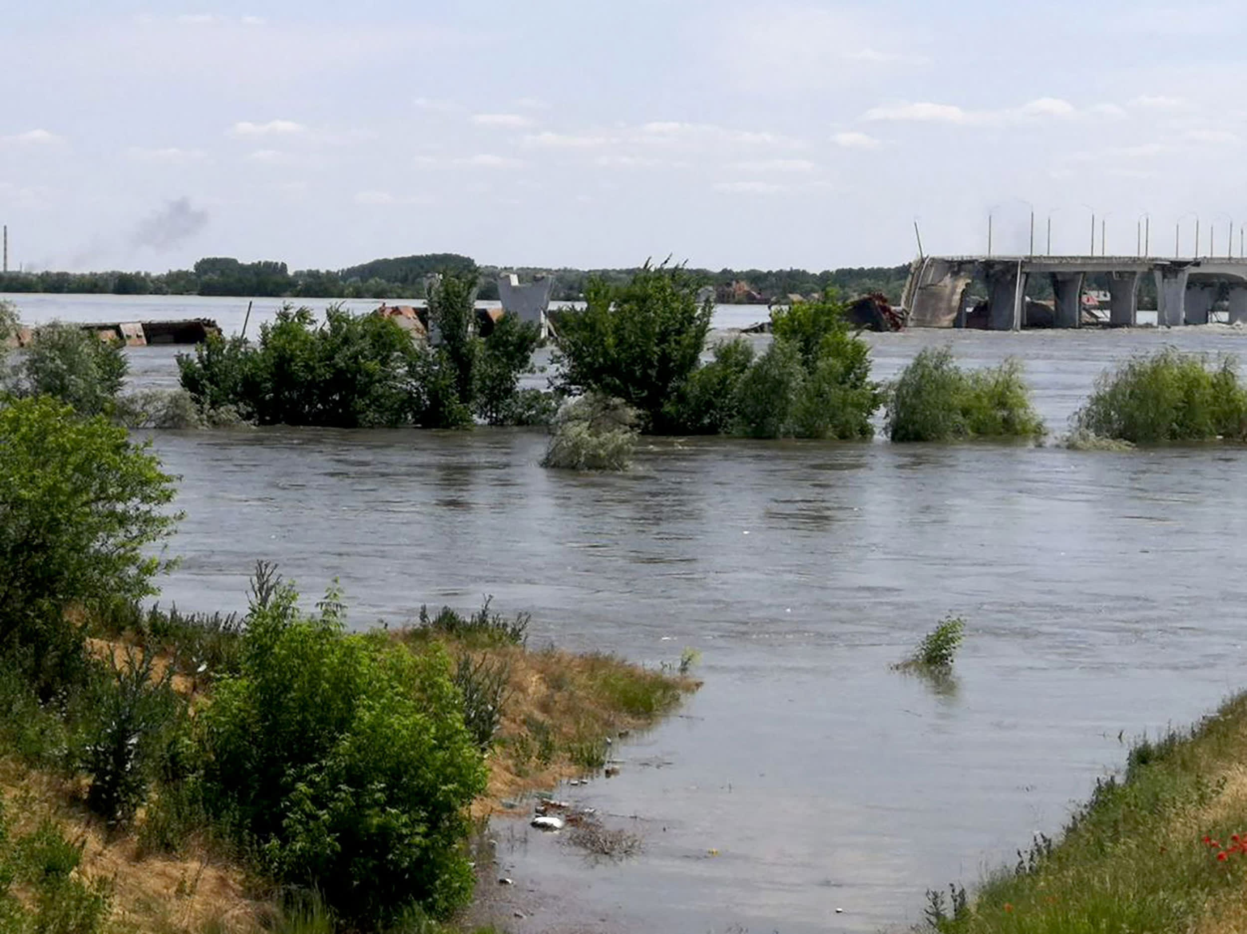 A partially flooded area of Kherson following damages sustained at Kakhovka hydroelectric dam