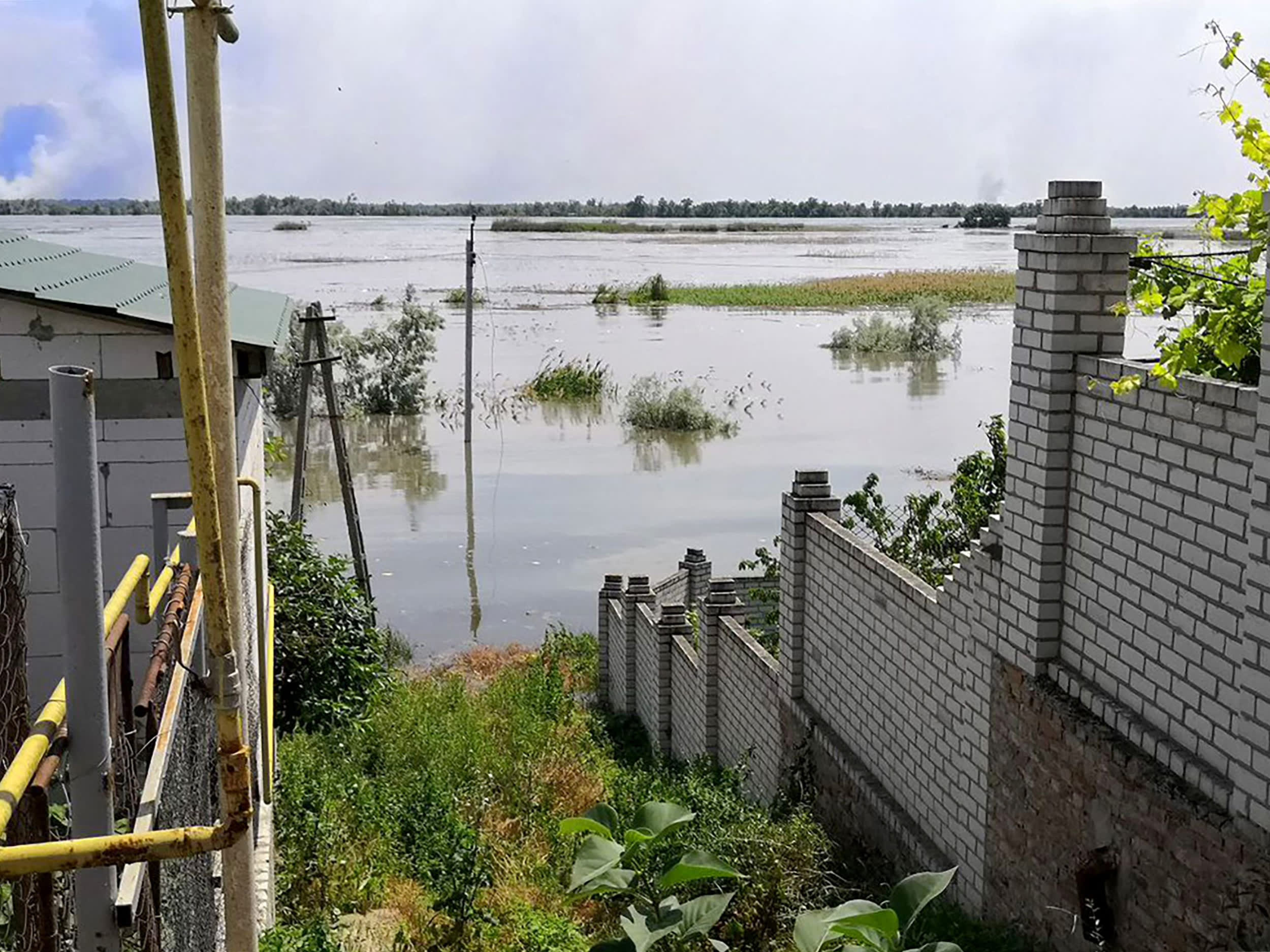 A partially flooded area of Kherson following damages sustained at Kakhovka hydroelectric dam