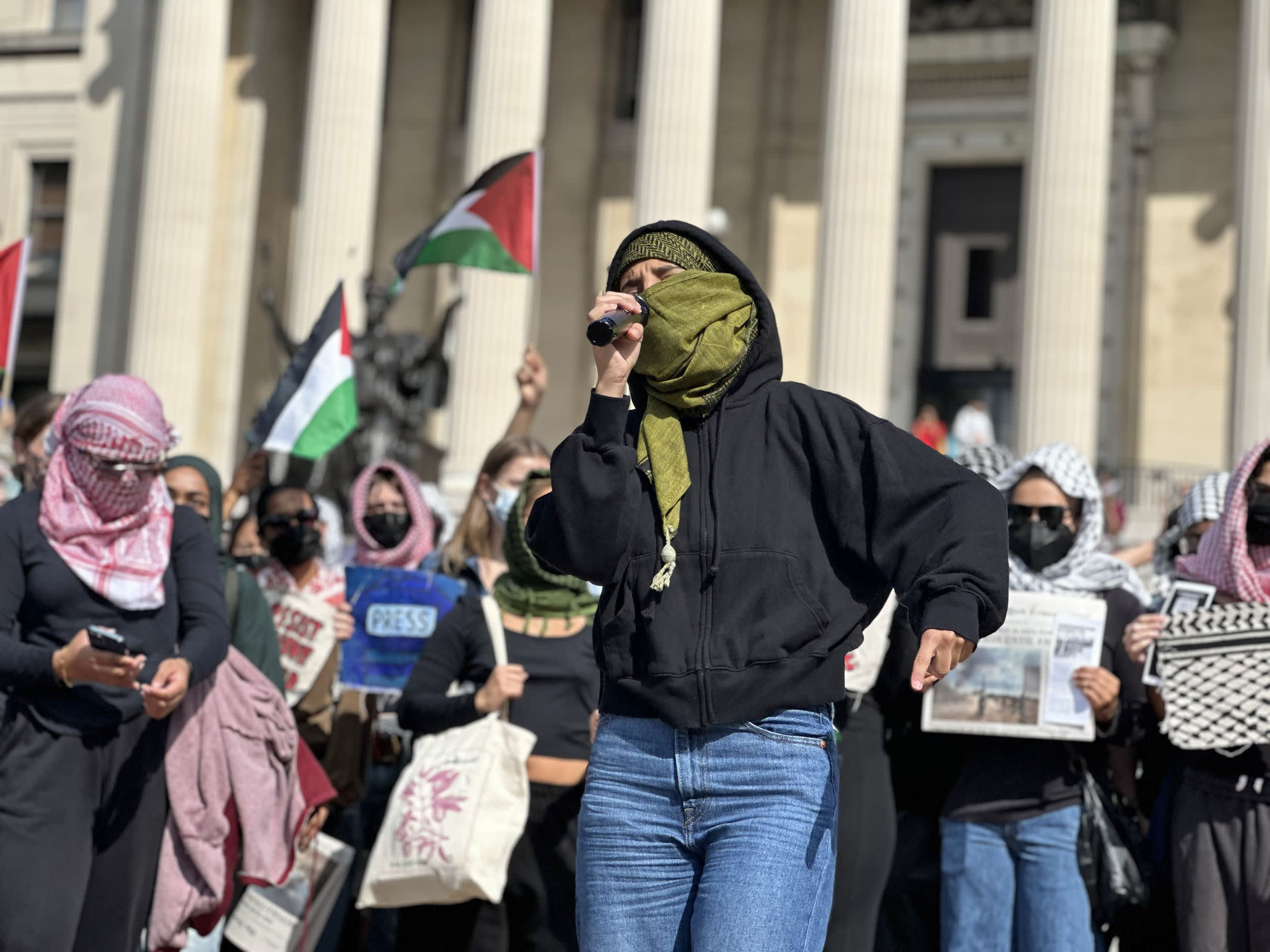 Demonstrators show their support for Palestinians at Columbia University on Oct. 7, 2024.