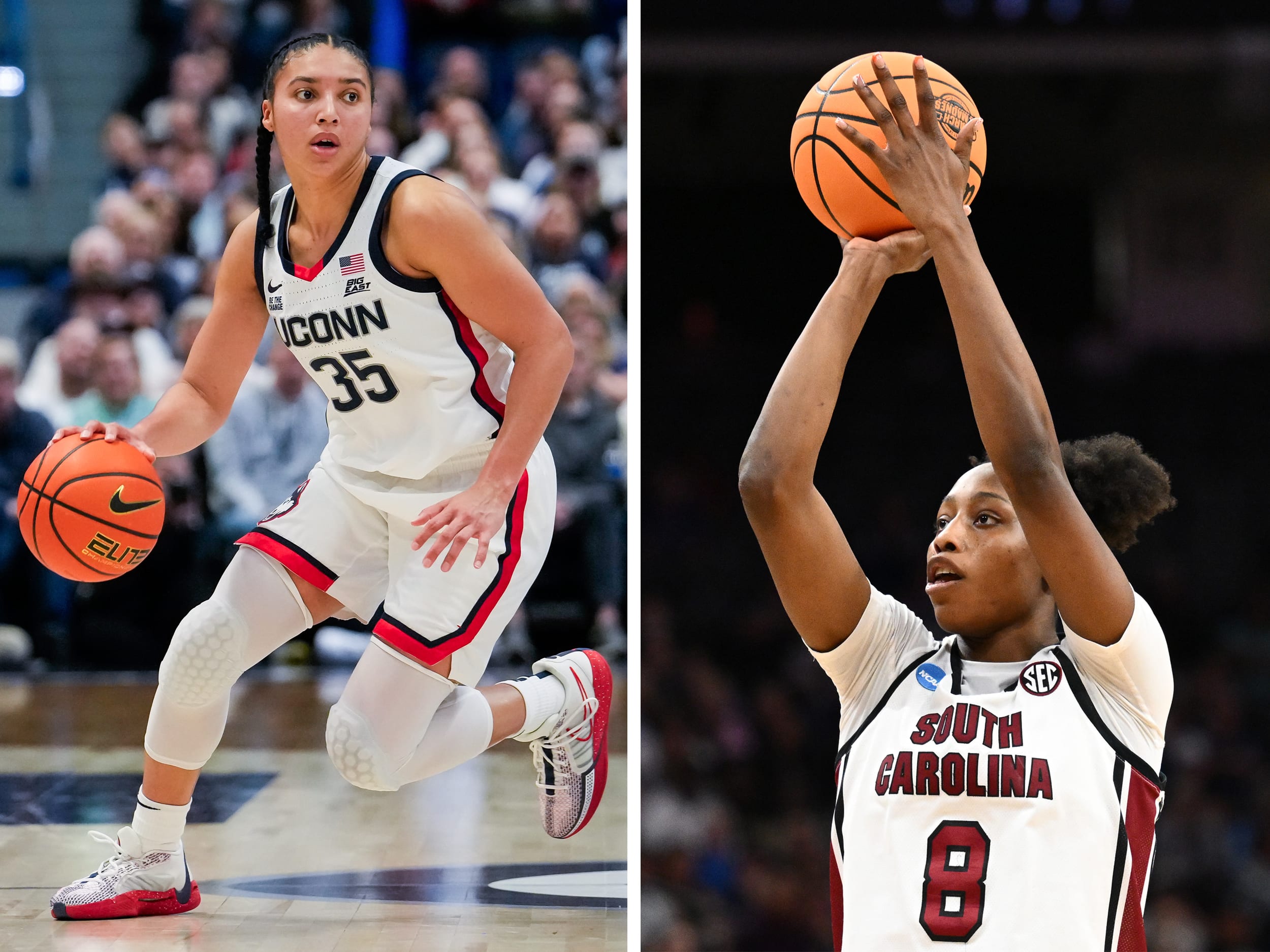 A diptych image with NCAA women's basketball athletes Azzi Fudd and Joyce Edwards.