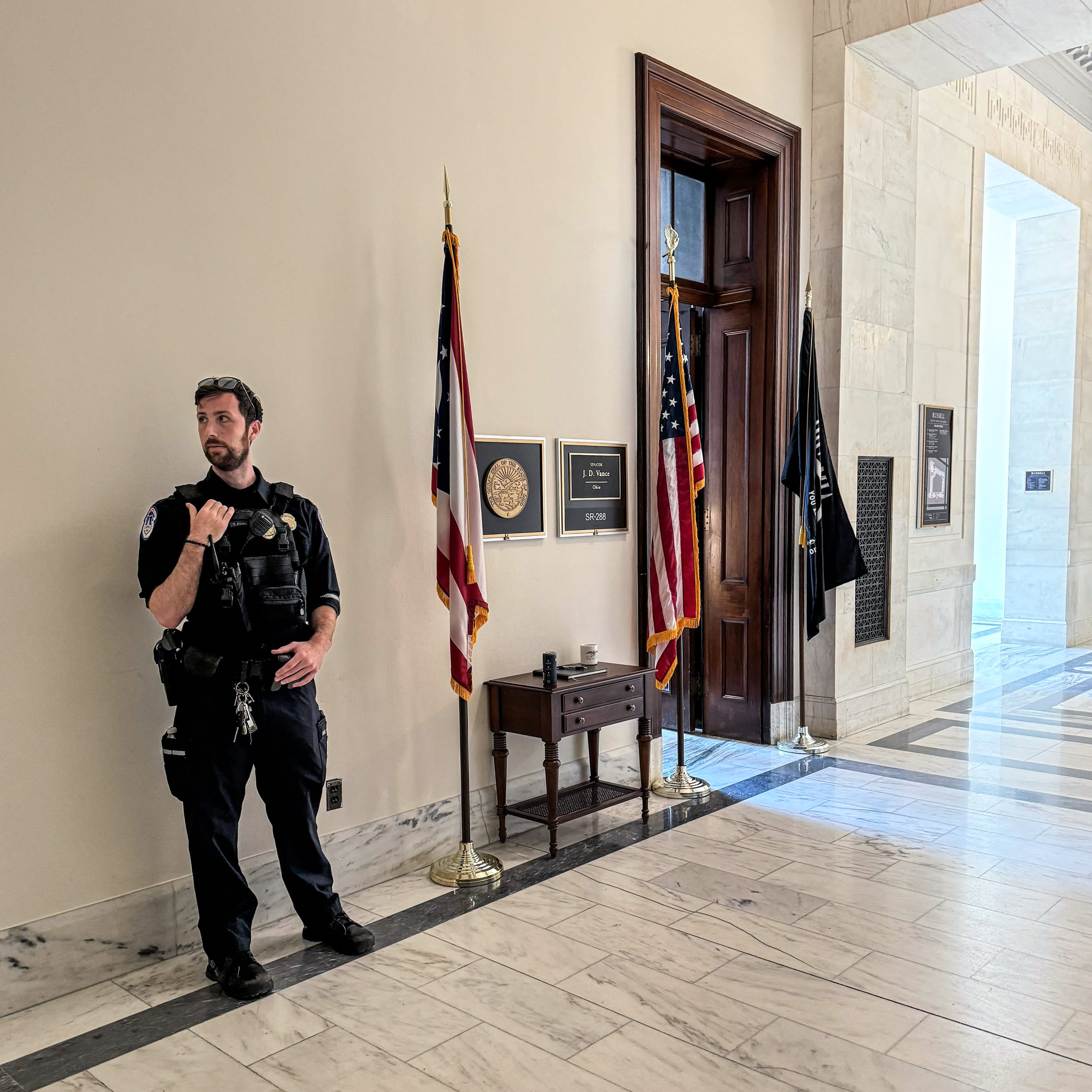 Sen. JD Vance’s office in the Russell Senate Office Building has a Capitol Police officer detailed outside it
