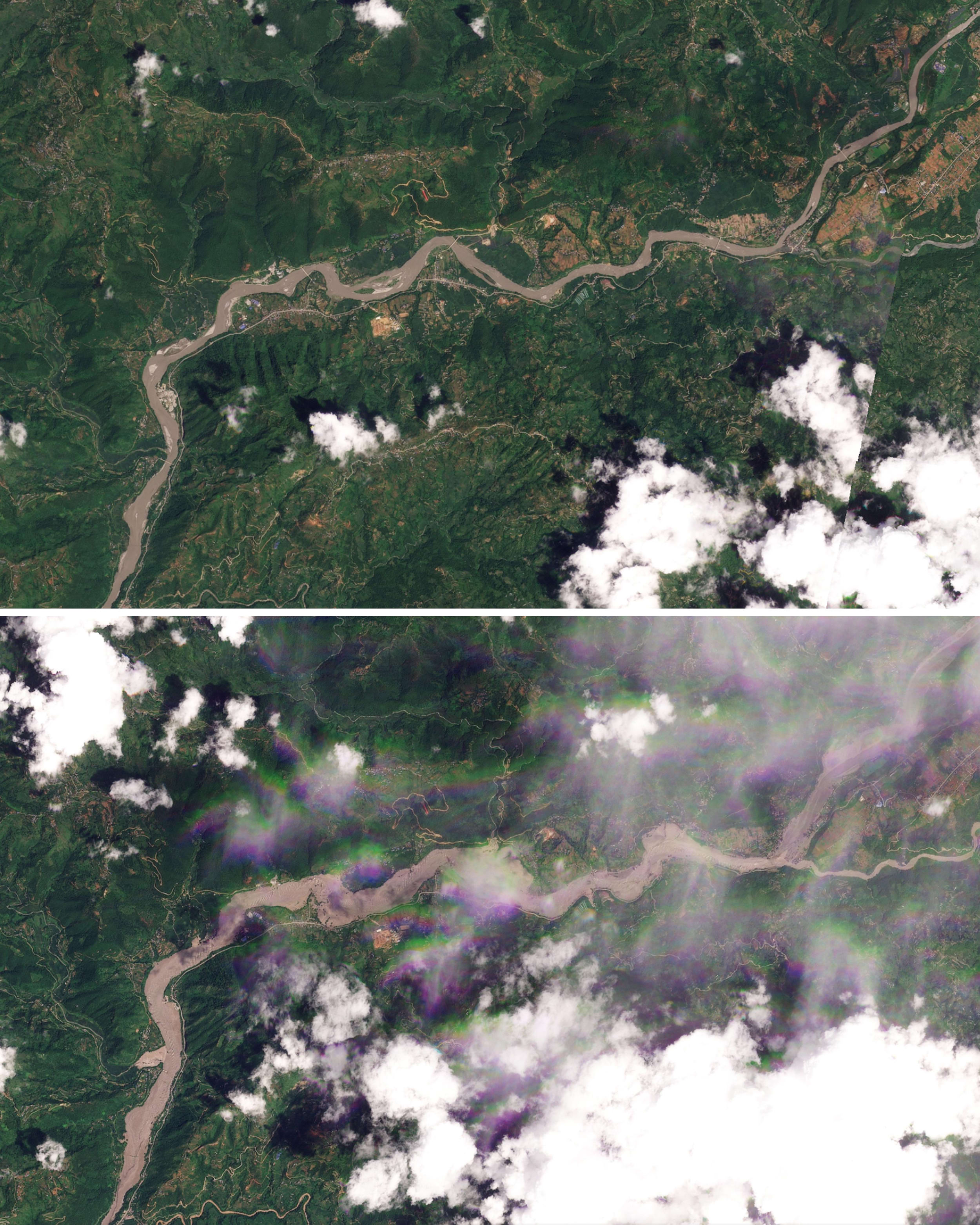 Image: Composite image of satellite imagery showing extent of flooding in Nepal's Rasuwa District 