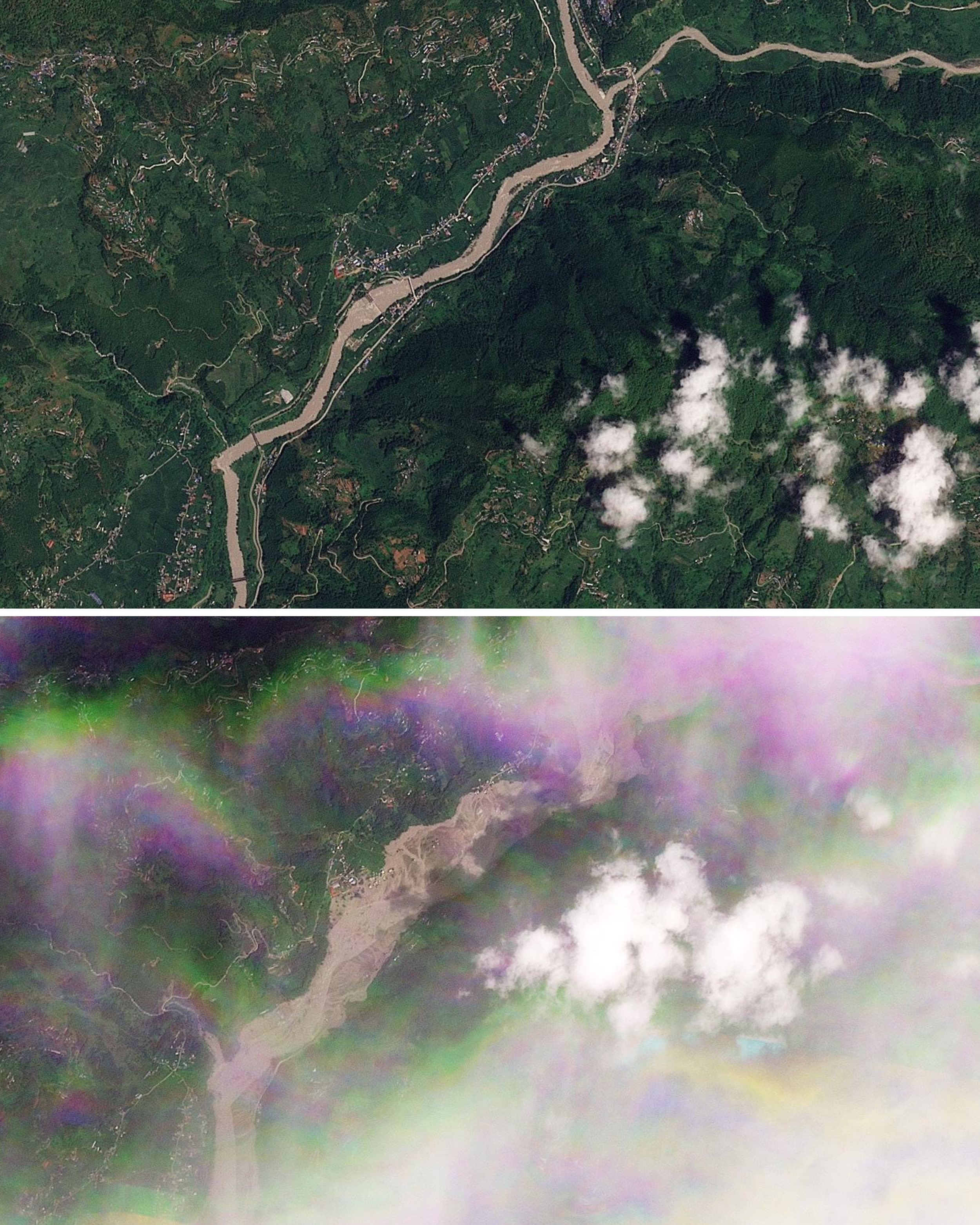 Image: Composite image of satellite imagery showing extent of flooding in Nepal's Rasuwa District 