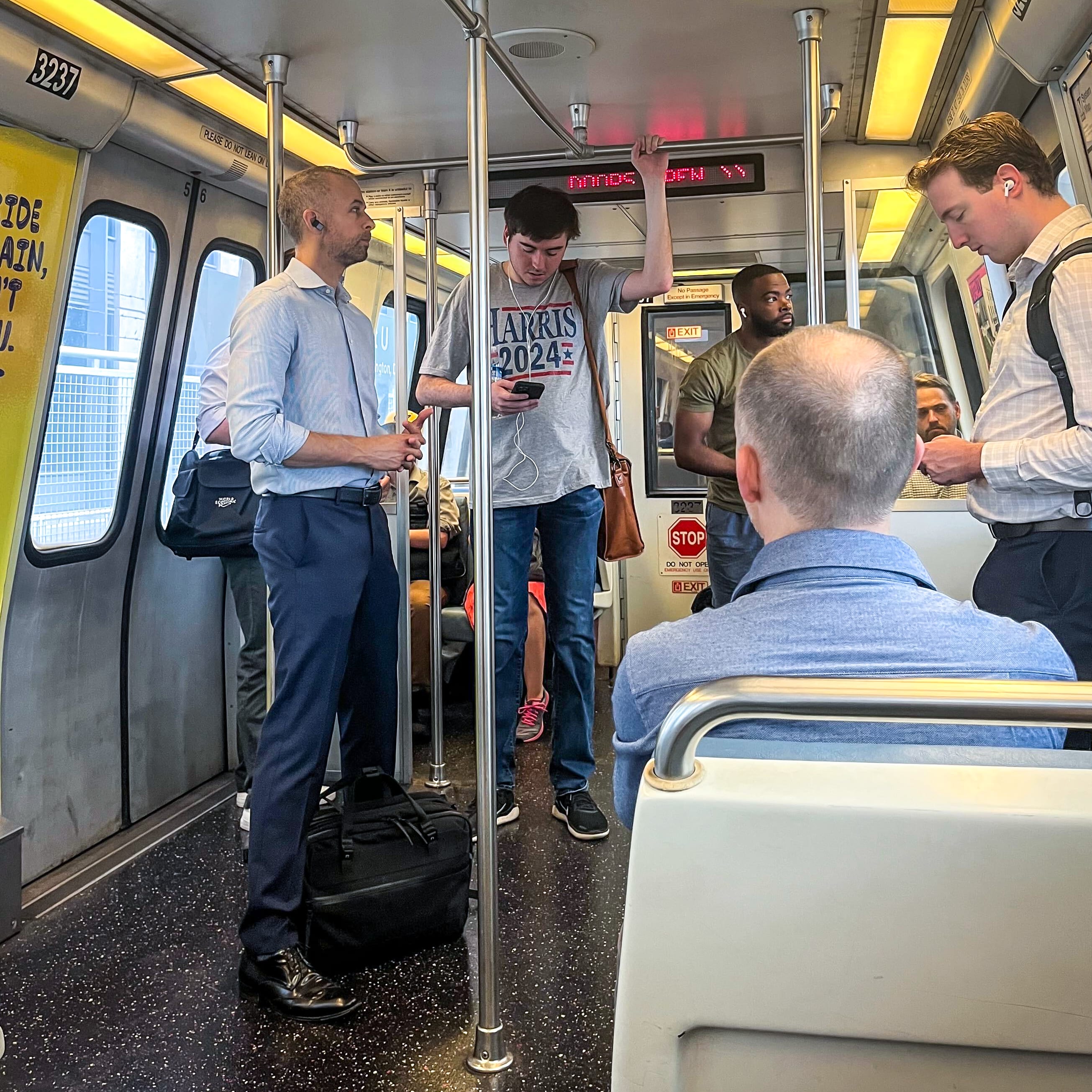 A person spotted wearing a Harris 2024 shirt on the Washington D.C. metro on July 22, 2024.