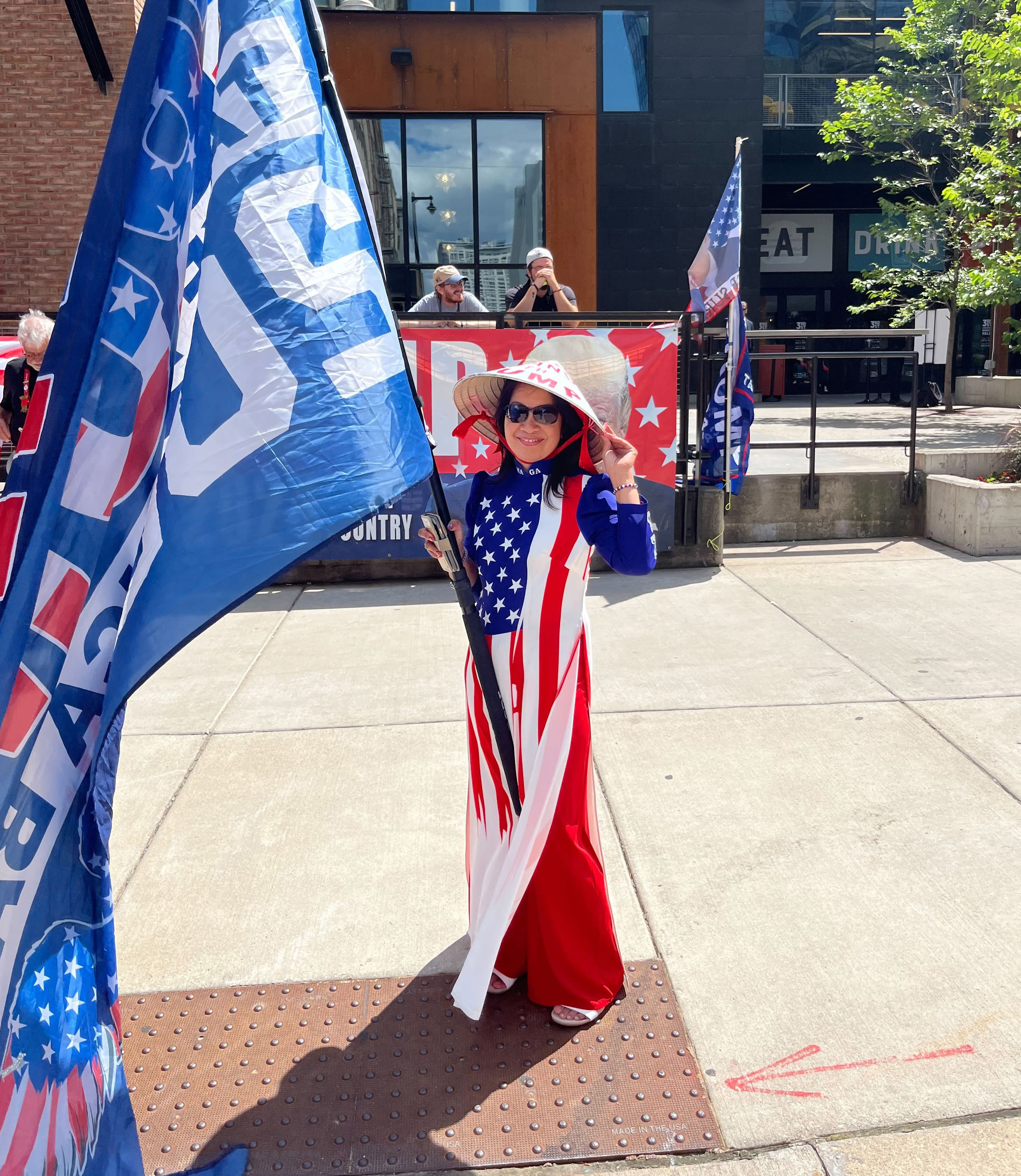 Trump supporter Amy Lee near one of the security checkpoints outside the Fiserv Forum in downtown Milwaukee on July 17, 2024. 