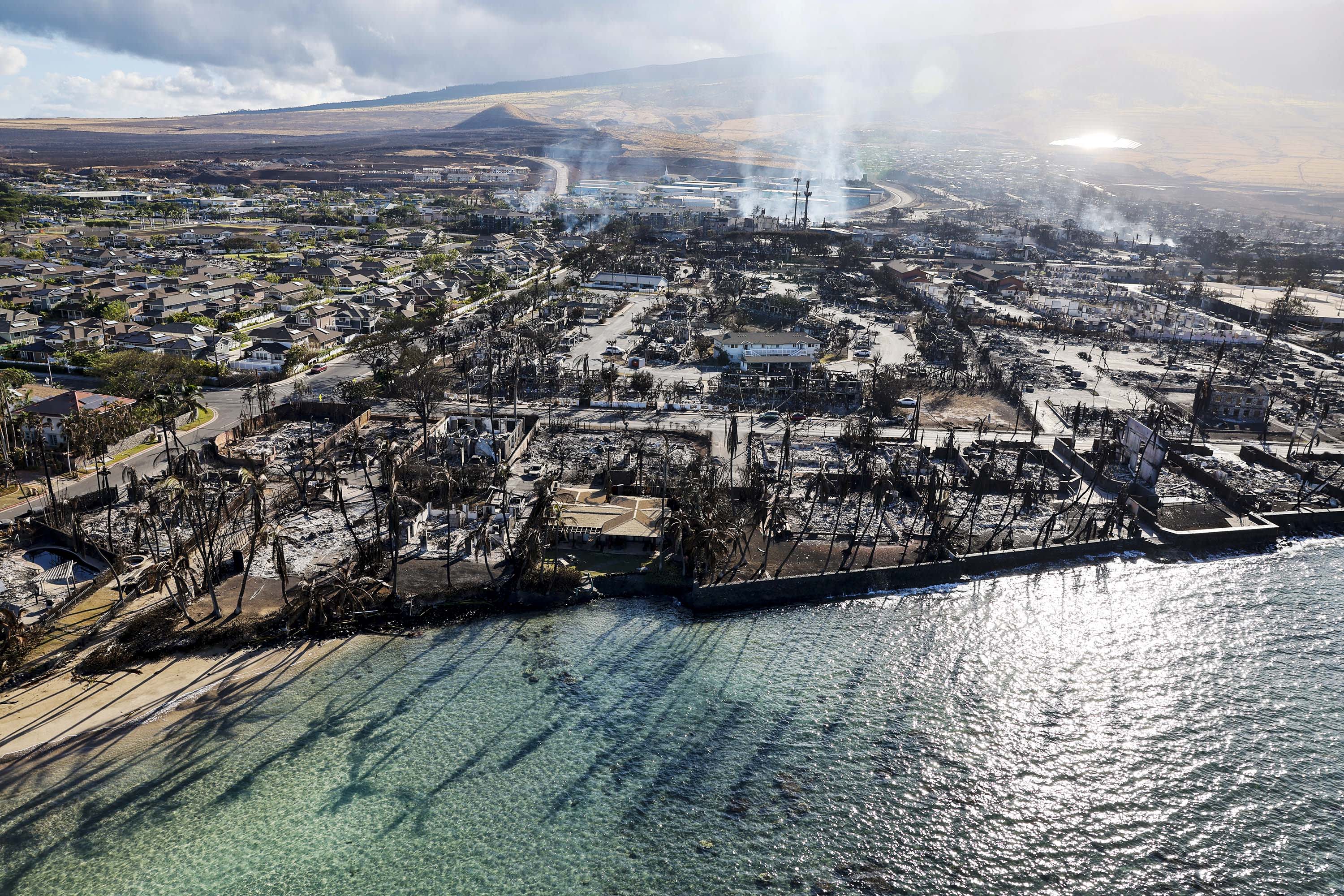 An aerial view of Lahaina devestation.