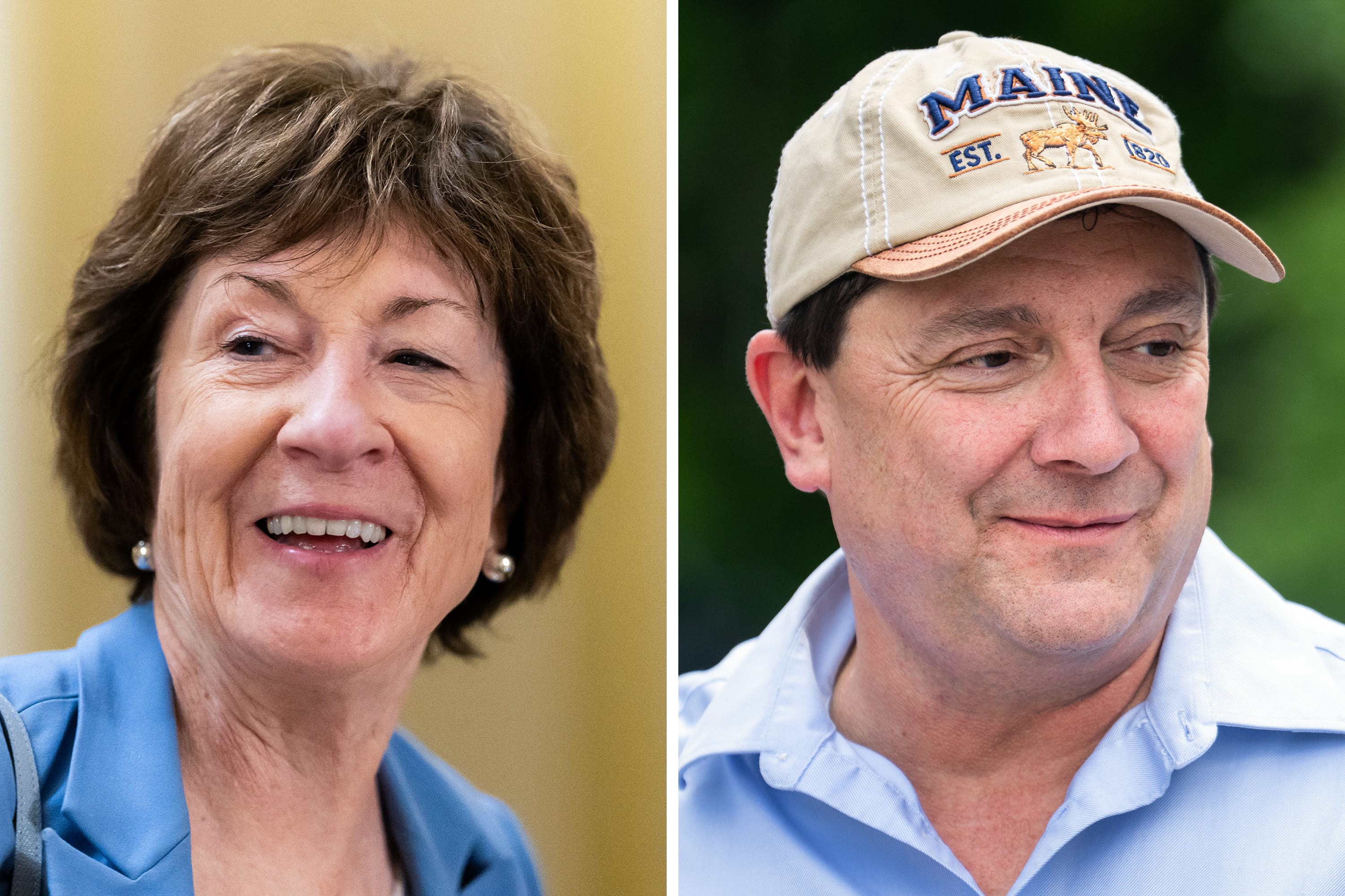 A diptych images featuring headshots of Susan Collins; Troy Jackson