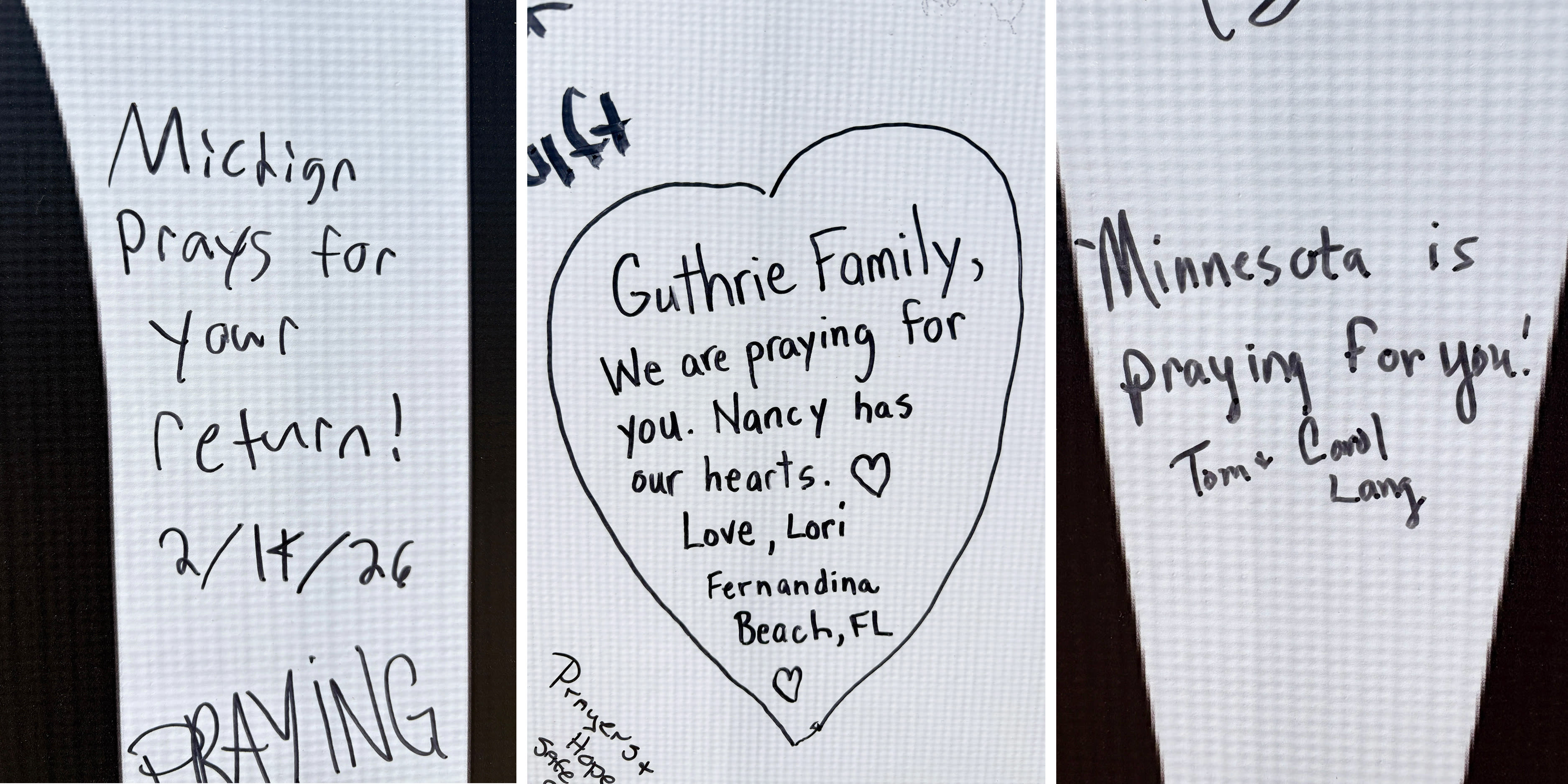 A triptych image showing handwritten notes on a vinyl banner.