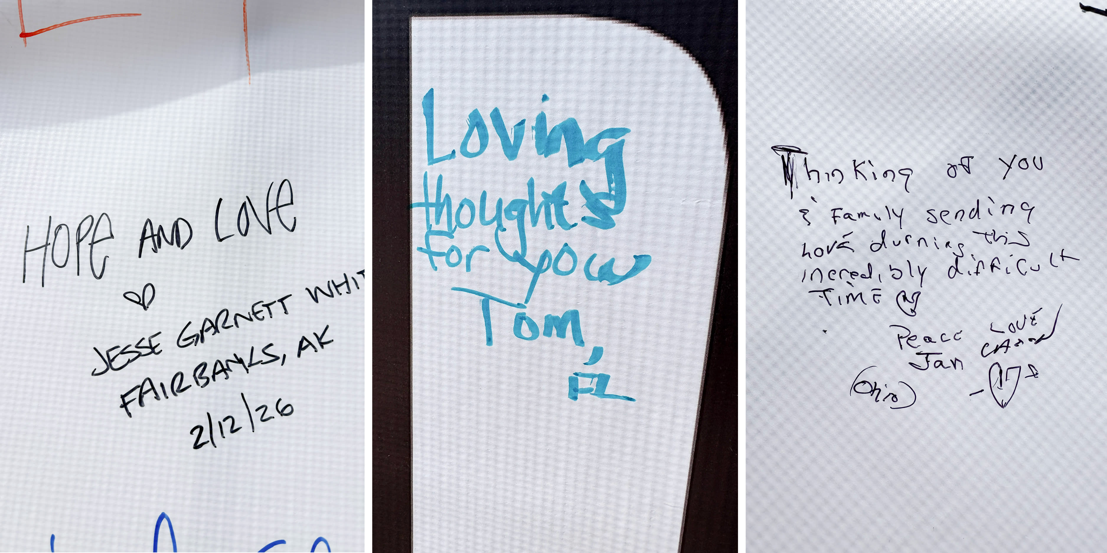 A triptych image shows handwritten notes on a vinyl billboard-style banner.